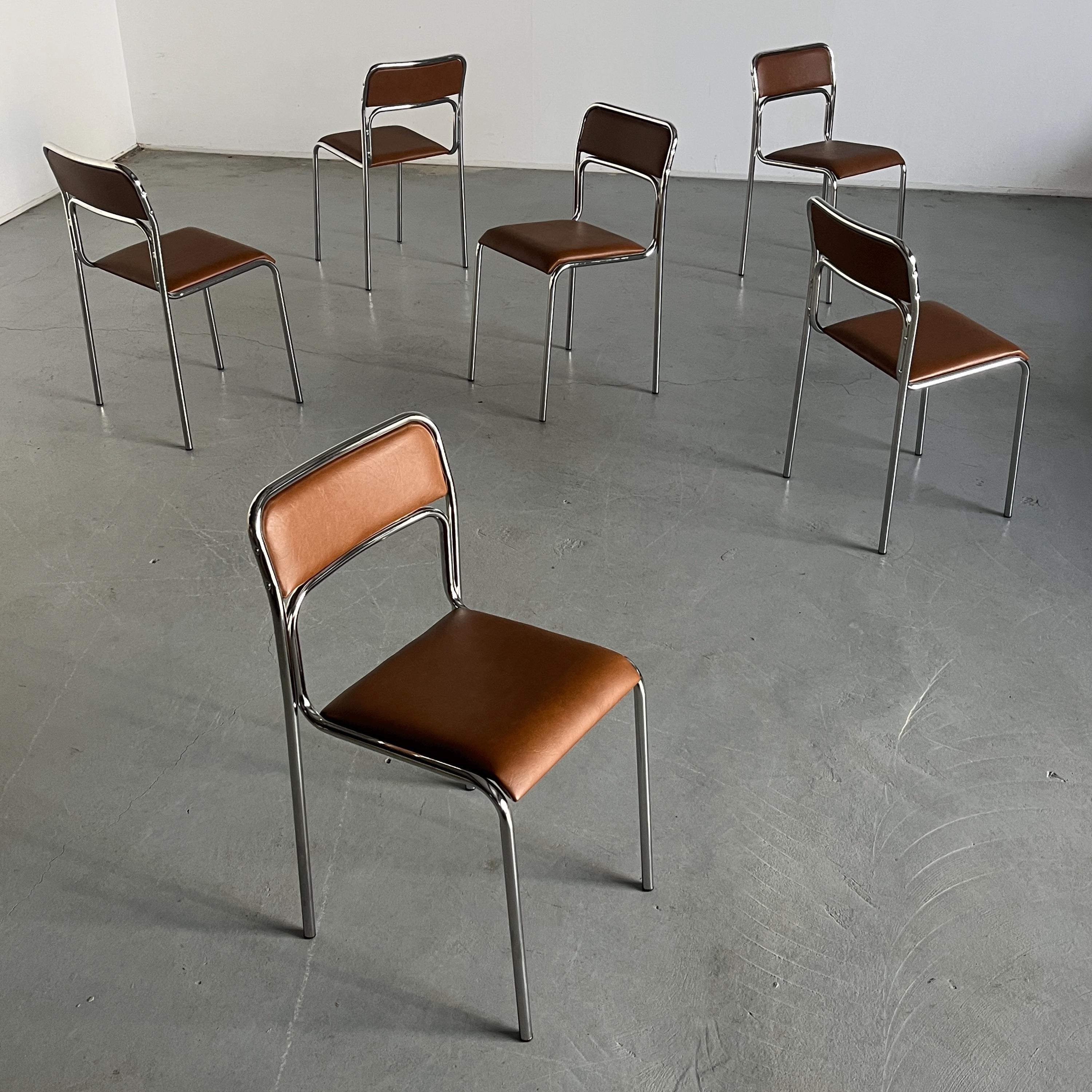 Bauhaus Chrome Tubular Steel and Brown Faux Leather Chairs