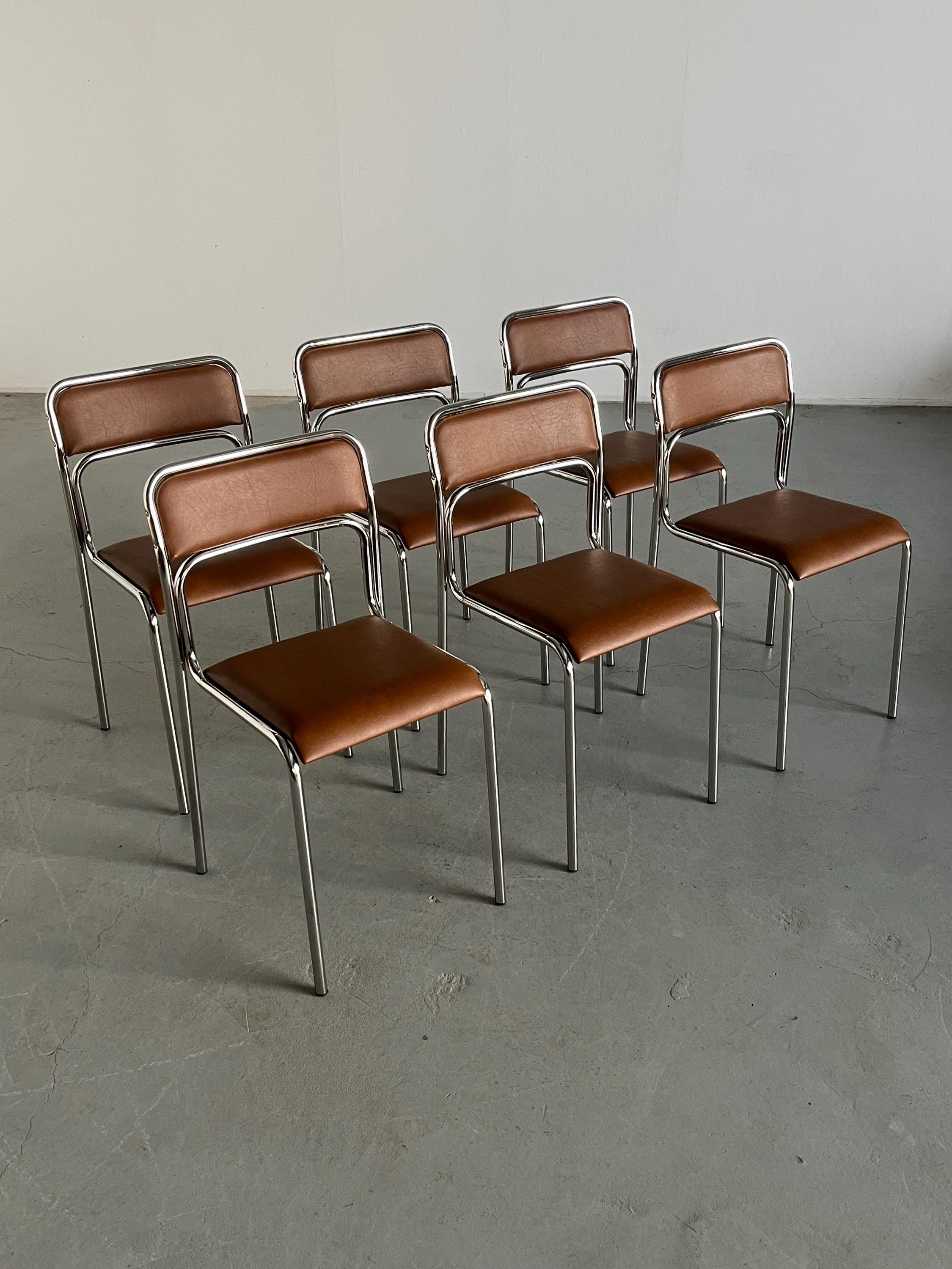 Bauhaus Chrome Tubular Steel and Brown Faux Leather Chairs