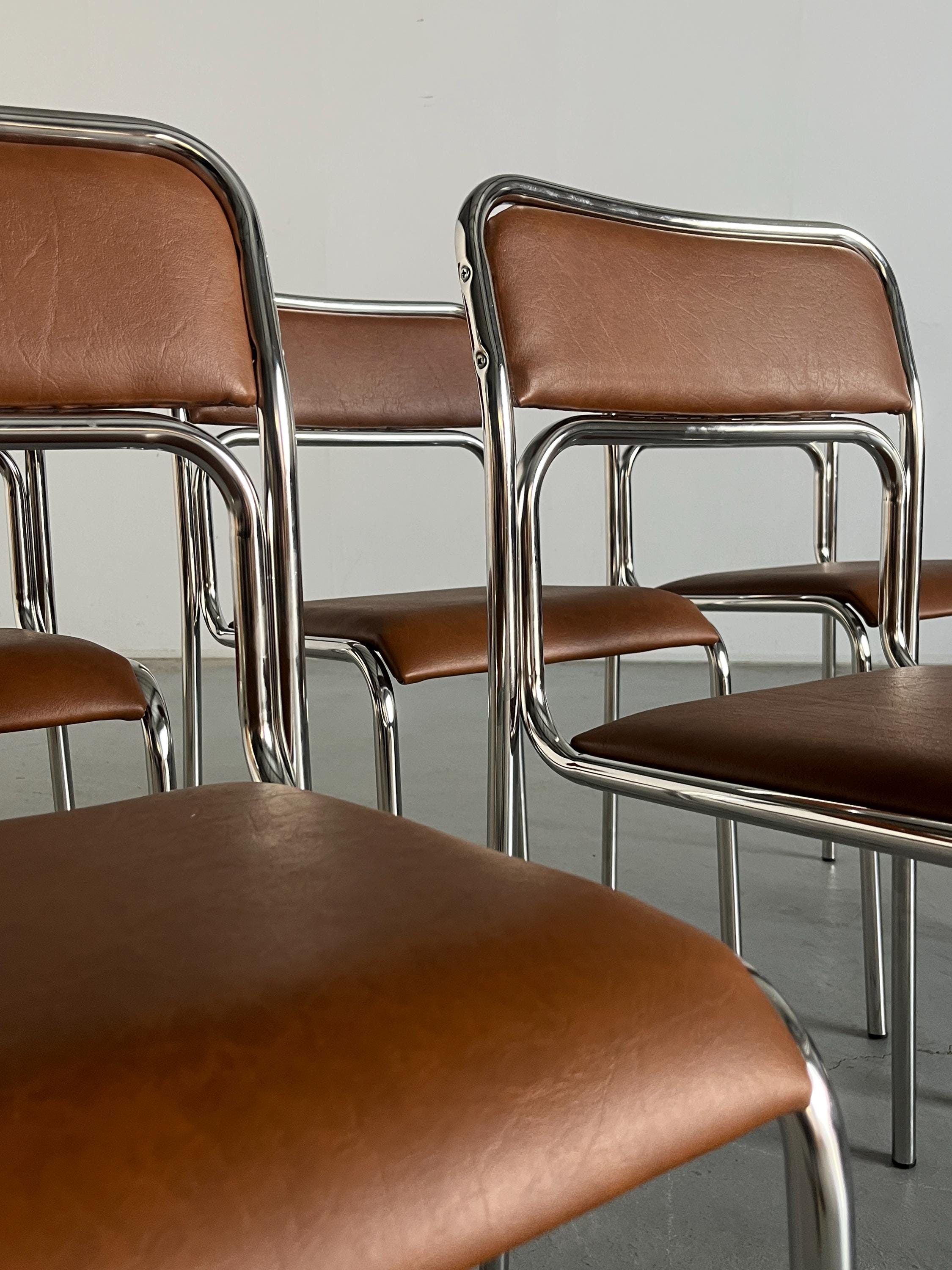 Bauhaus Chrome Tubular Steel and Brown Faux Leather Chairs