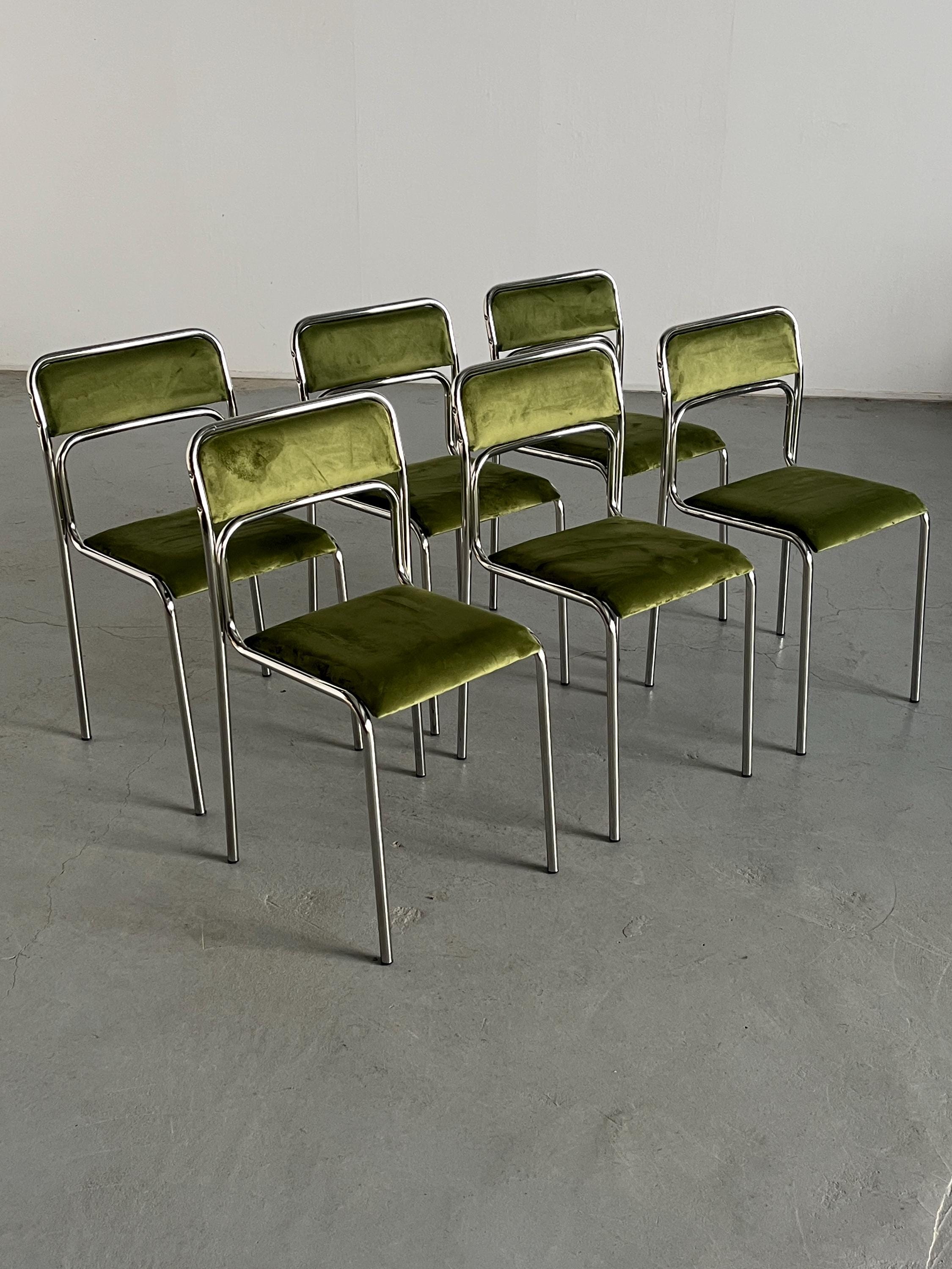 Bauhaus Chrome Tubular Steel and Green Velvet Chairs