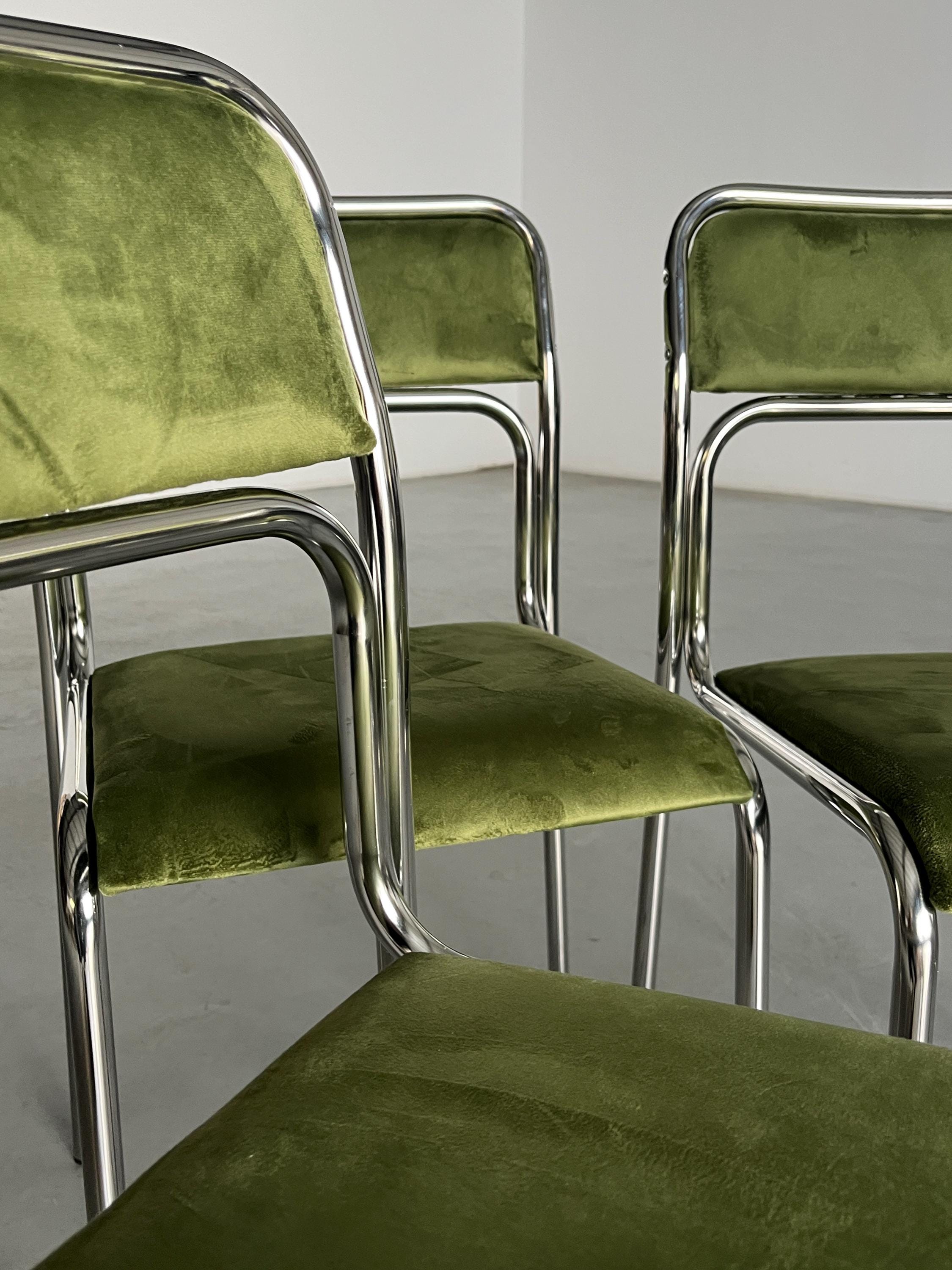 Bauhaus Chrome Tubular Steel and Green Velvet Chairs