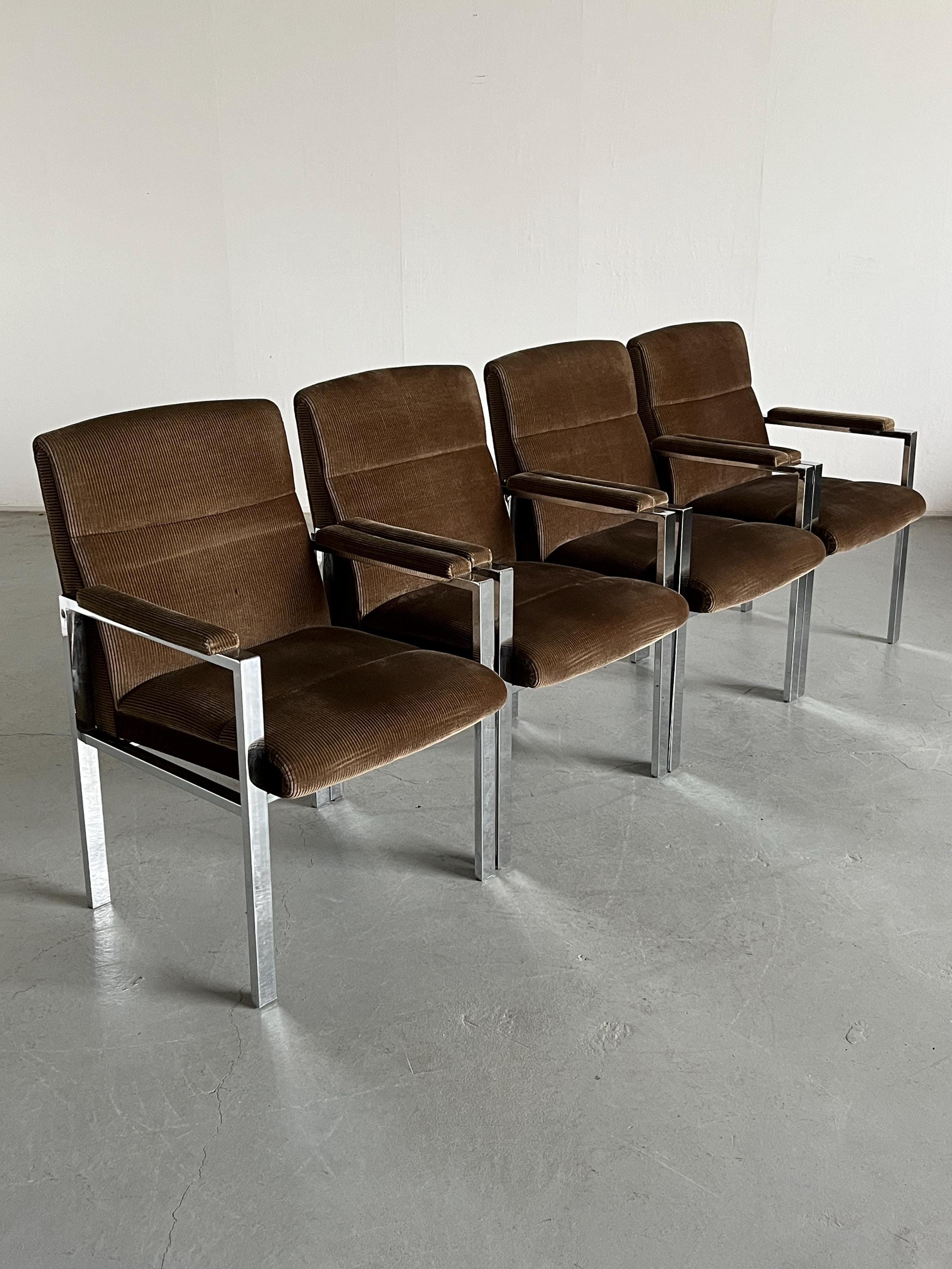 Mid-Century Modern Chrome Tubular Steel and Corduroy Upholstery Armchairs, 1970s