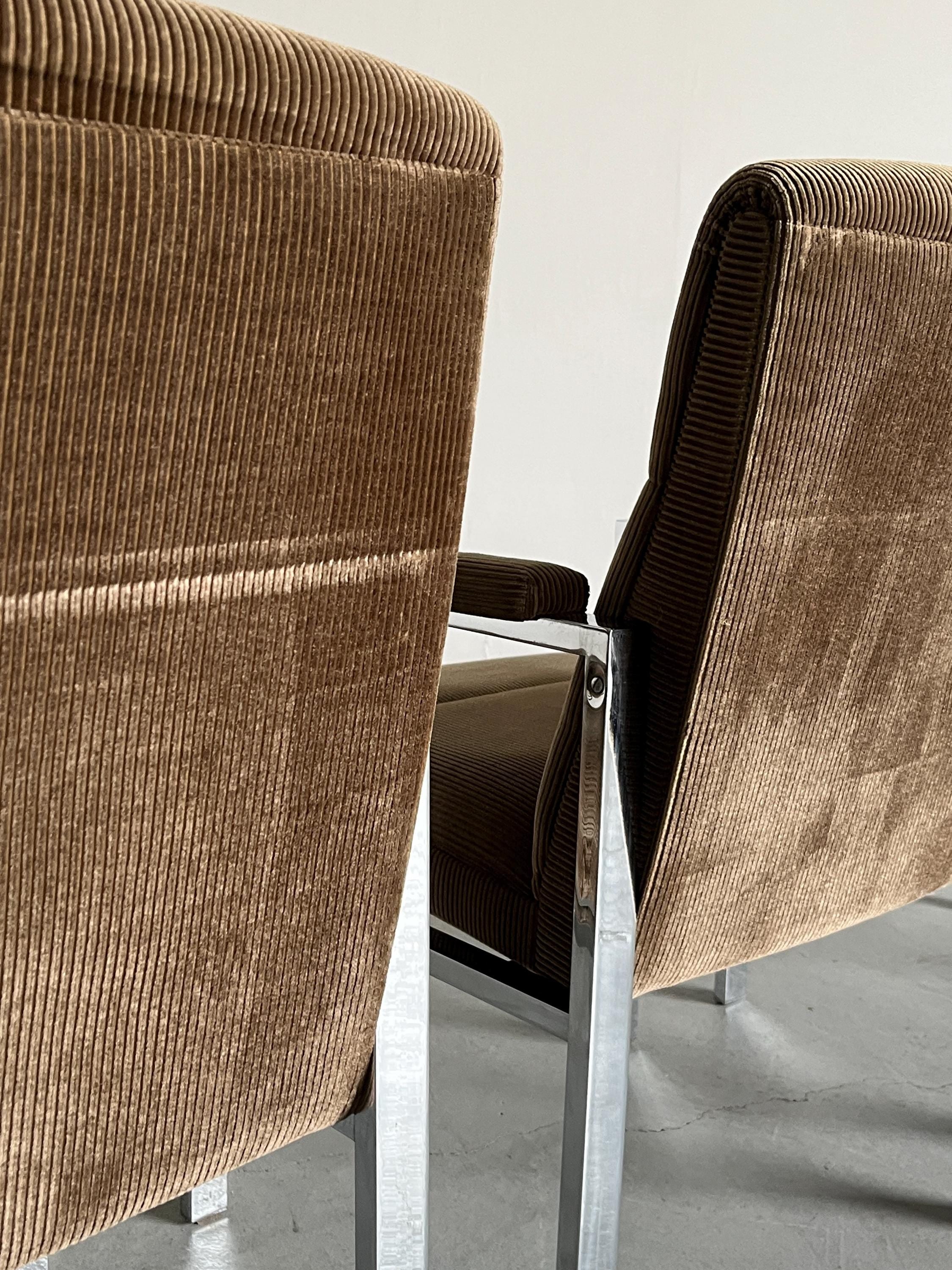 Mid-Century Modern Chrome Tubular Steel and Corduroy Upholstery Armchairs, 1970s