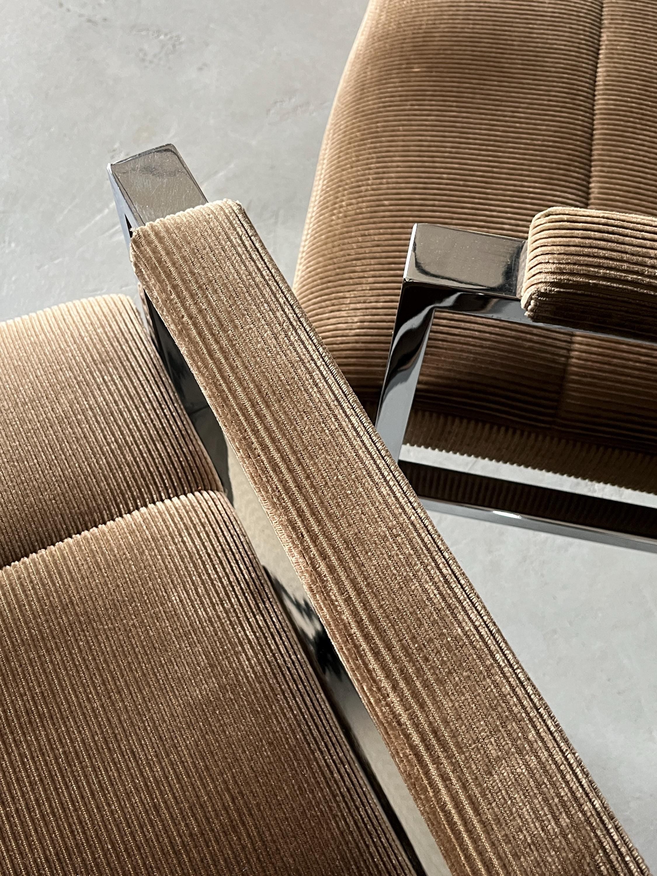 Mid-Century Modern Chrome Tubular Steel and Corduroy Upholstery Armchairs, 1970s