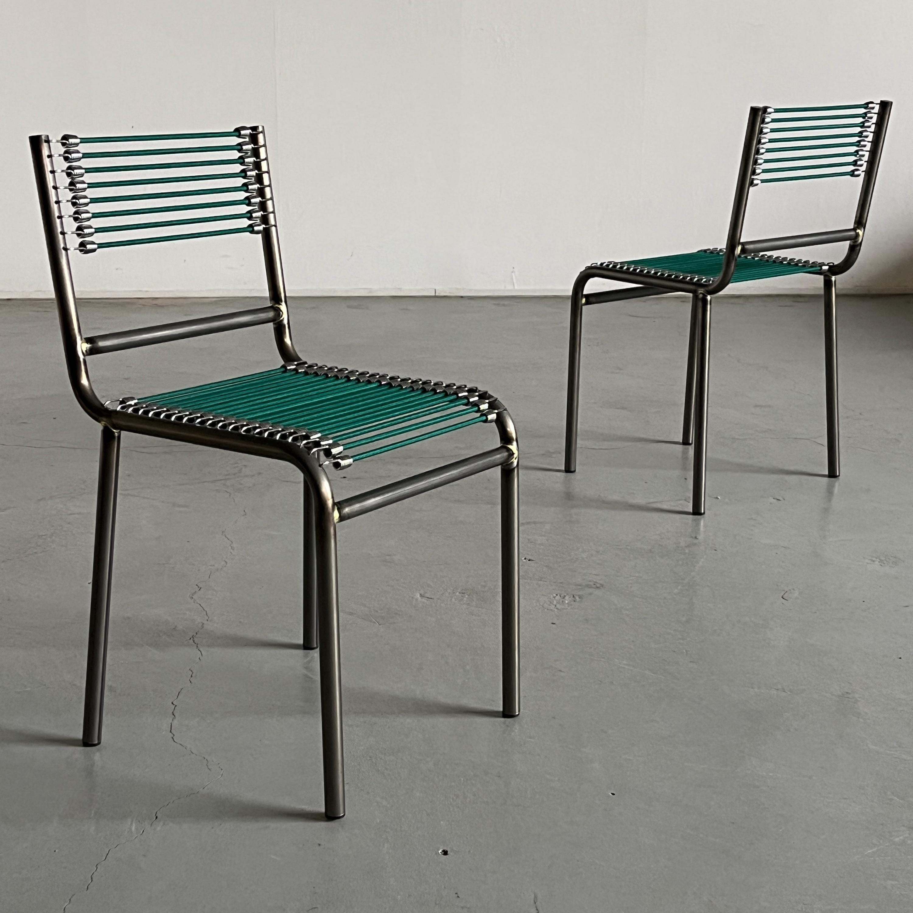 René Herbst 'Sandows' Style Chairs in Steel and Green Cord