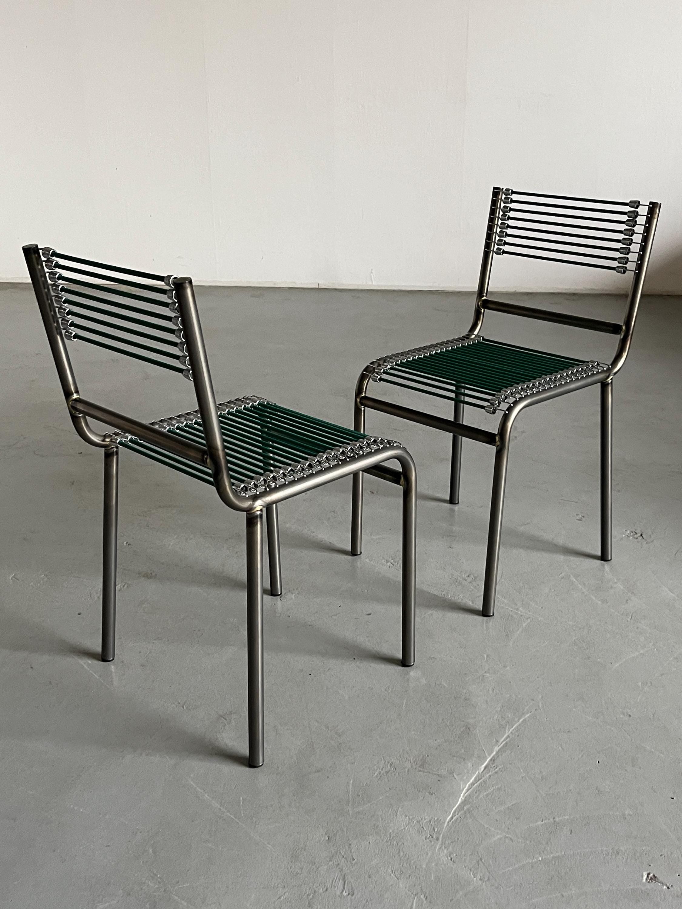 René Herbst 'Sandows' Style Chairs in Steel and Green Cord
