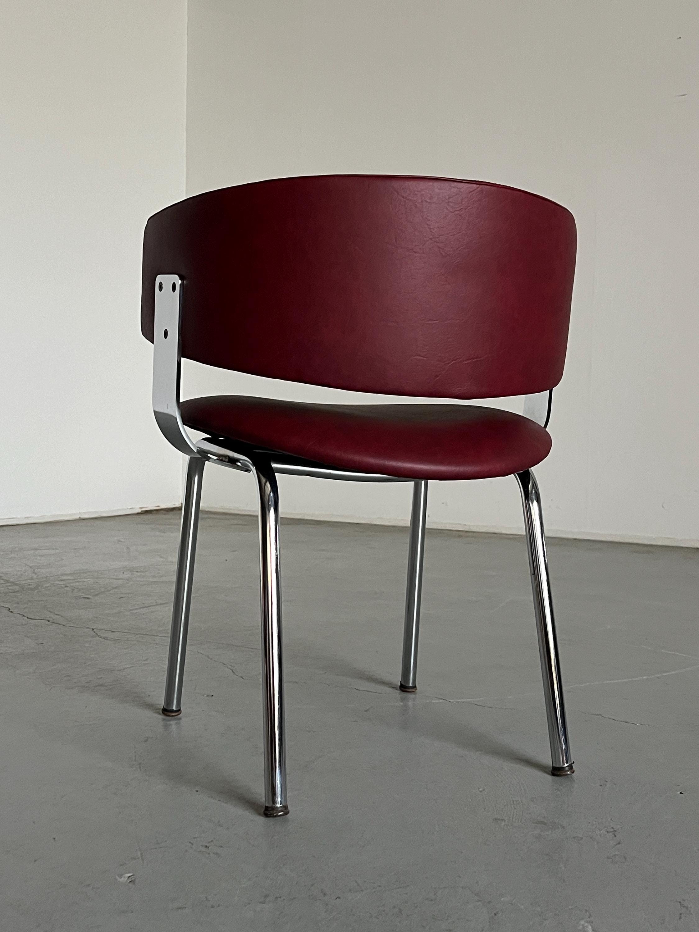 Vintage Mid-Century Modern Armchair in Bourdeaux Faux Leather and Chromed Steel, Bauhaus Style, Italy 1980s