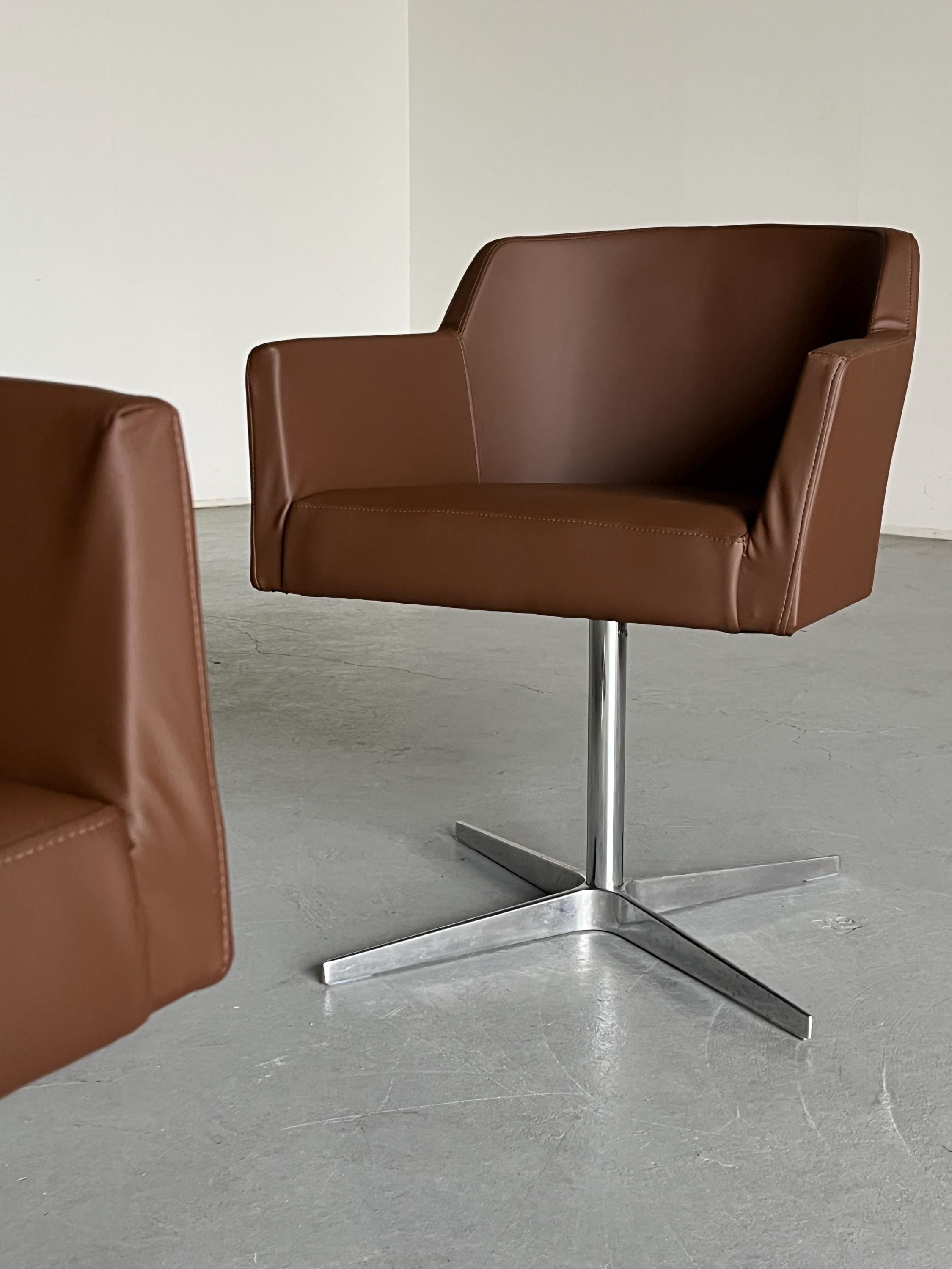 Mid-Century Modern Swivel Armchairs in Brown Faux Leather, 1980s