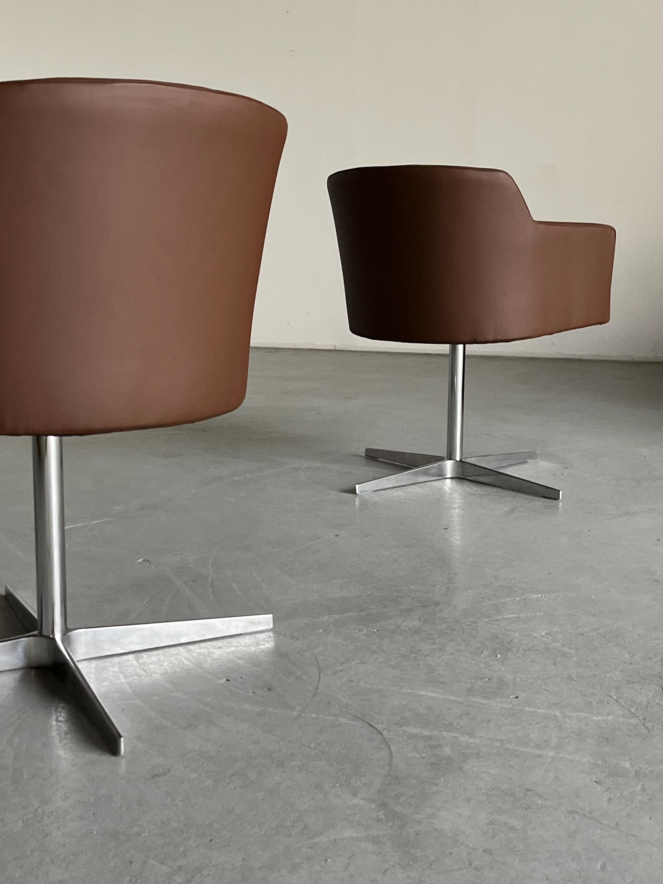 Mid-Century Modern Swivel Armchairs in Brown Faux Leather, 1980s