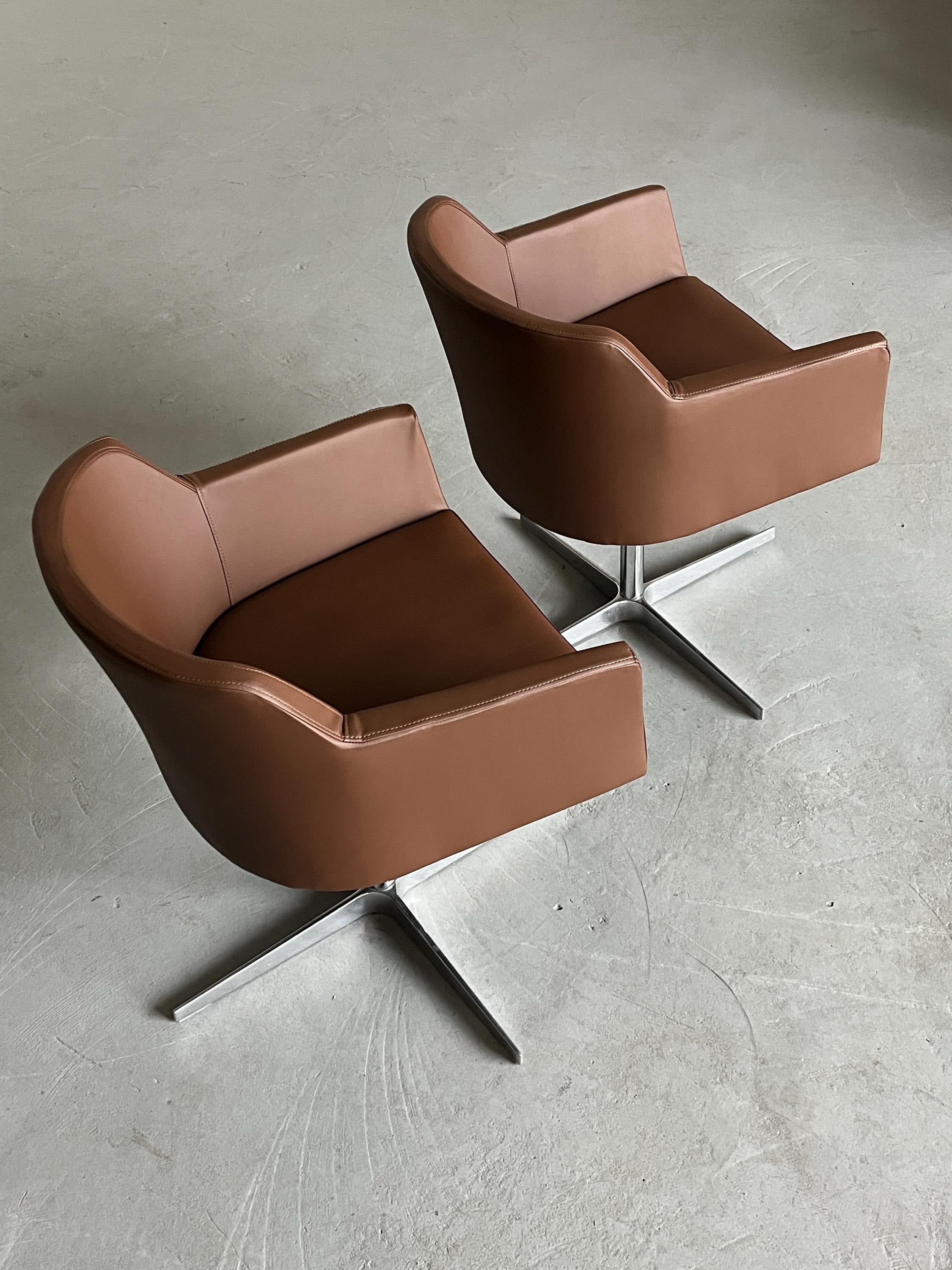 Mid-Century Modern Swivel Armchairs in Brown Faux Leather, 1980s