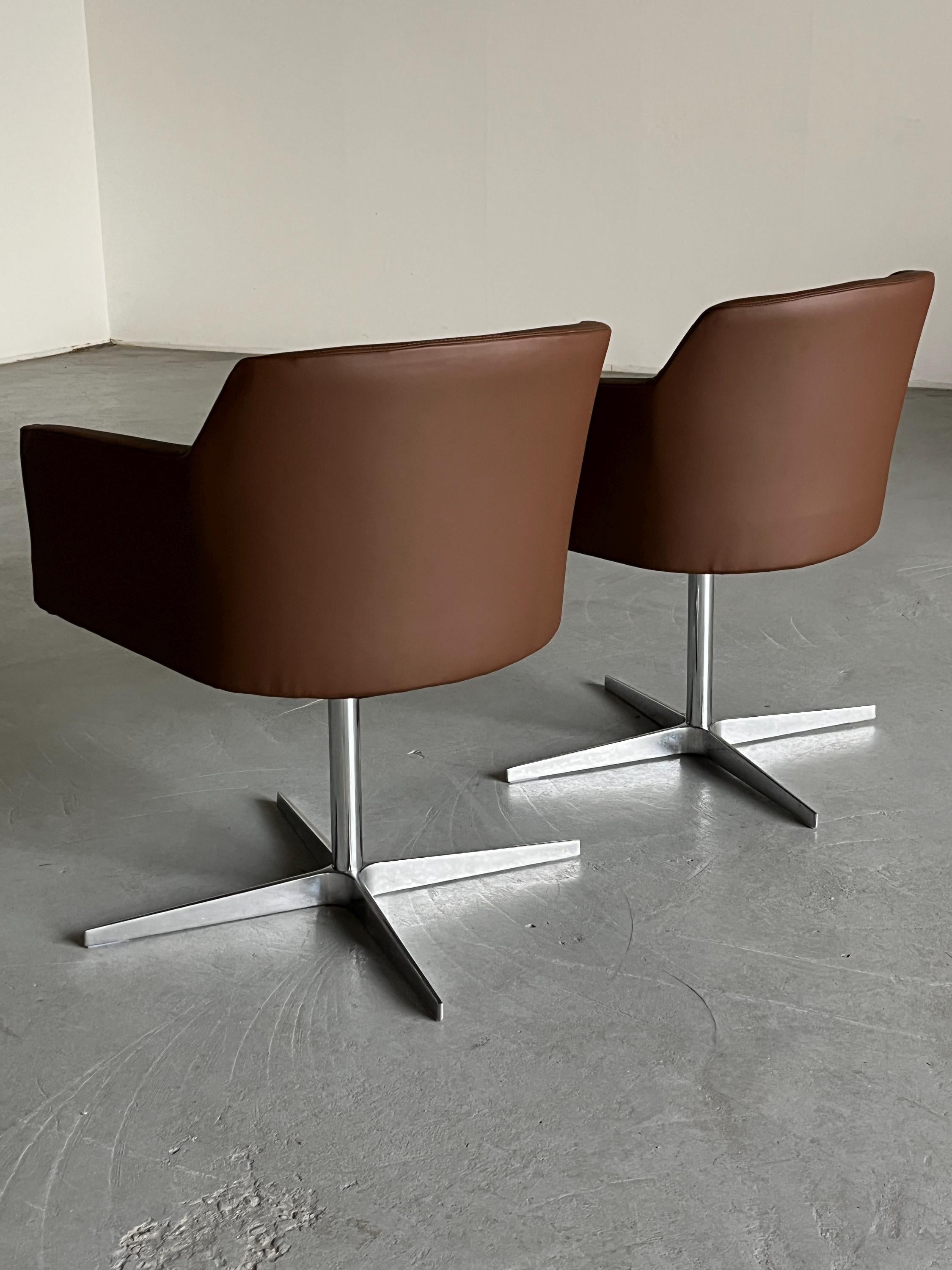 Mid-Century Modern Swivel Armchairs in Brown Faux Leather, 1980s