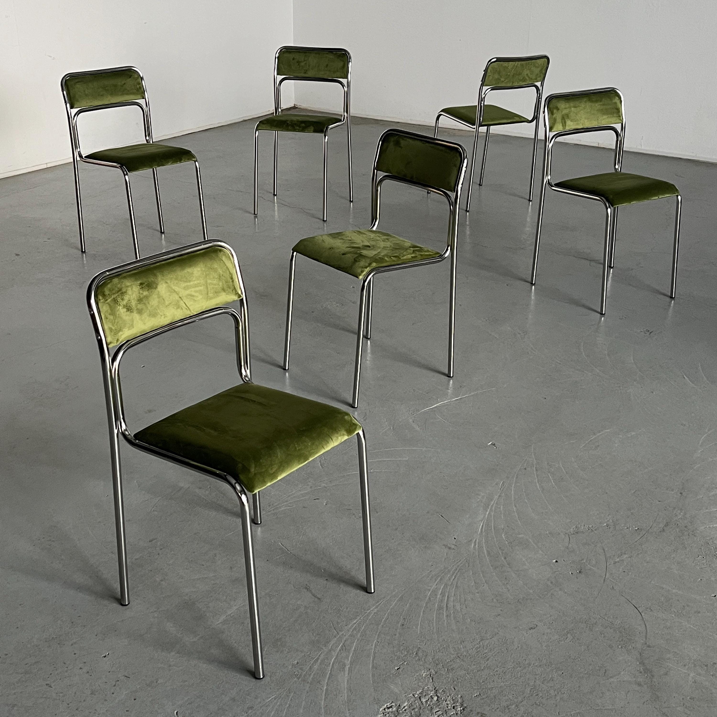 Bauhaus Chrome Tubular Steel and Green Velvet Chairs