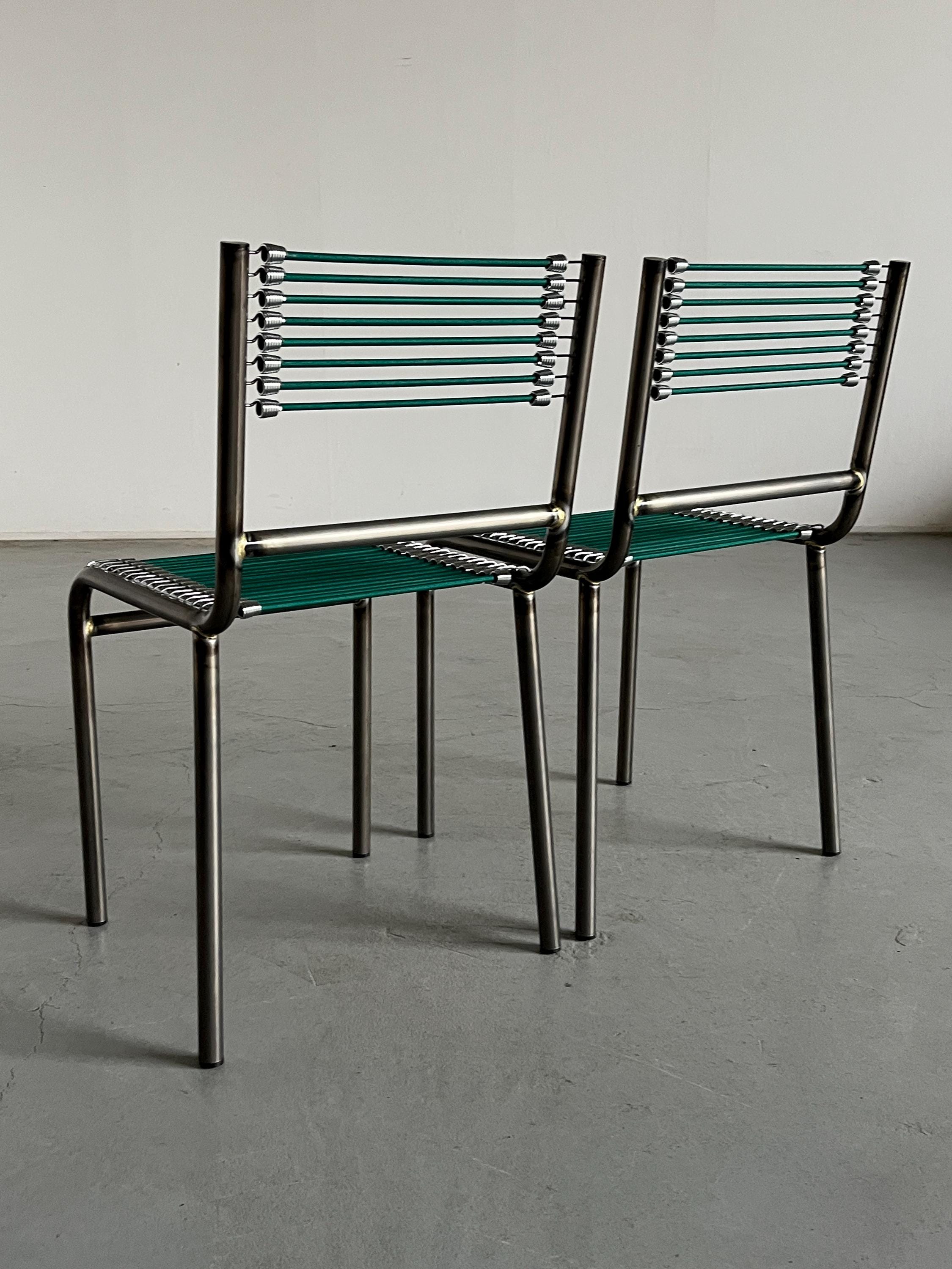 René Herbst 'Sandows' Style Chairs in Steel and Green Cord