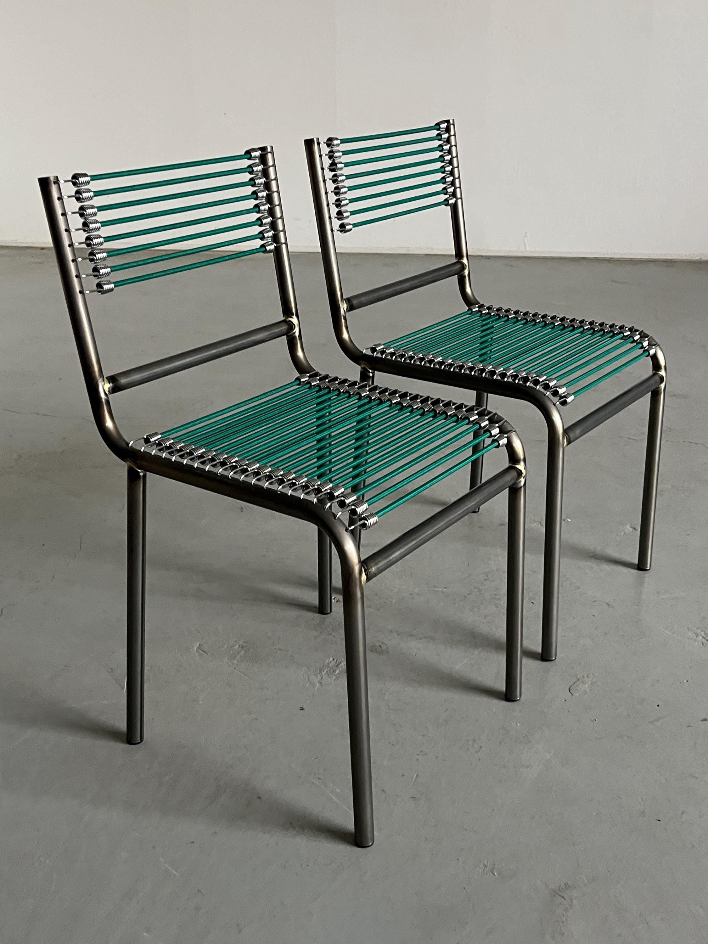 René Herbst 'Sandows' Style Chairs in Steel and Green Cord