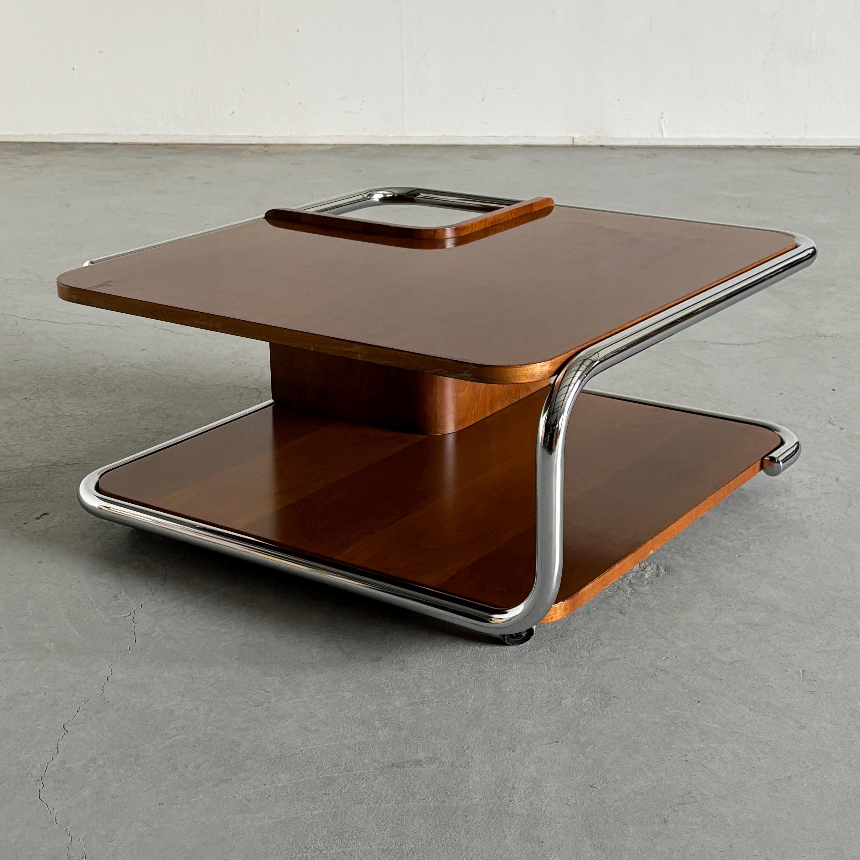 Italian Mid-Century Coffee Table in Chromed Steel and Walnut