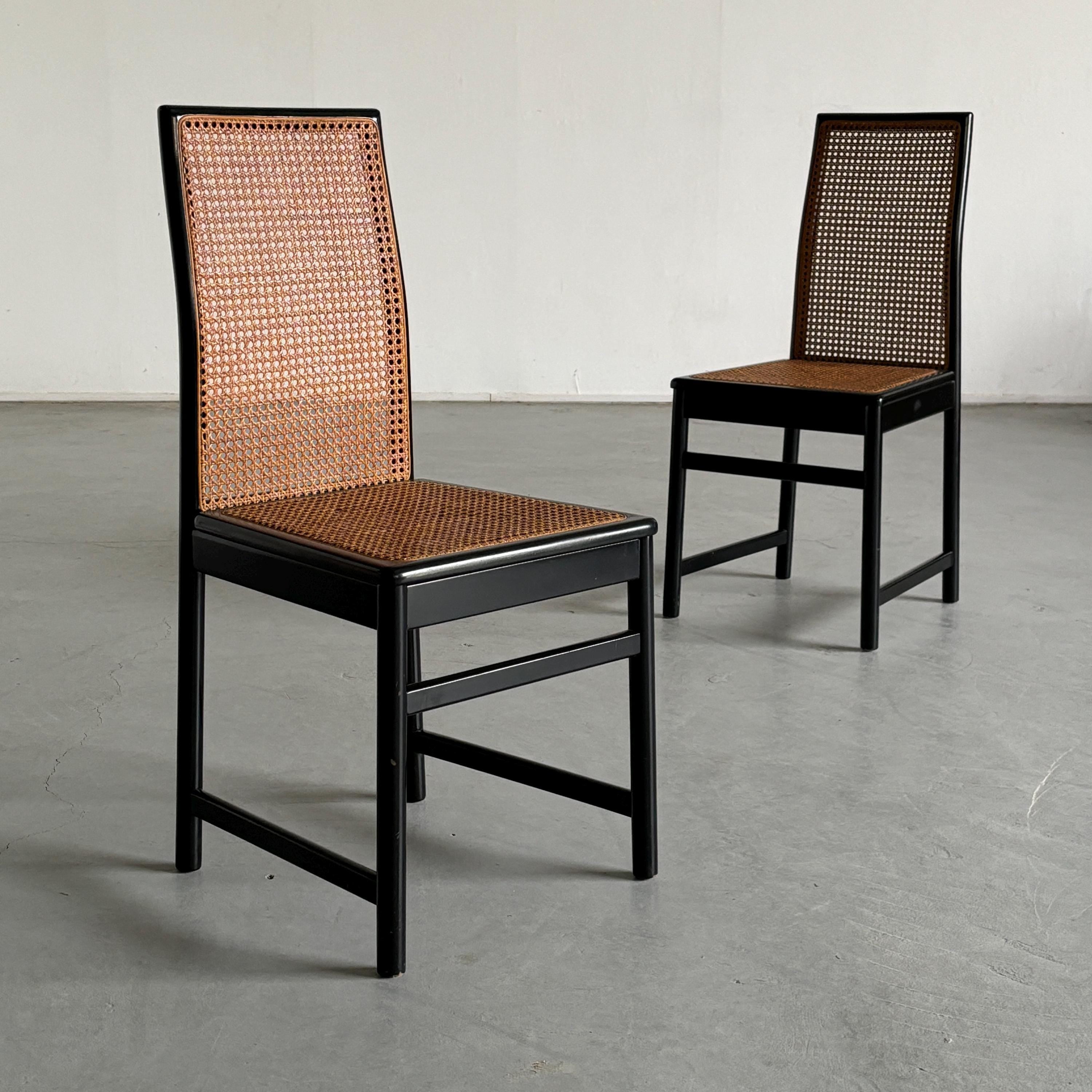 Dining Chairs in Black Lacquered Wood and Cane, 1980s