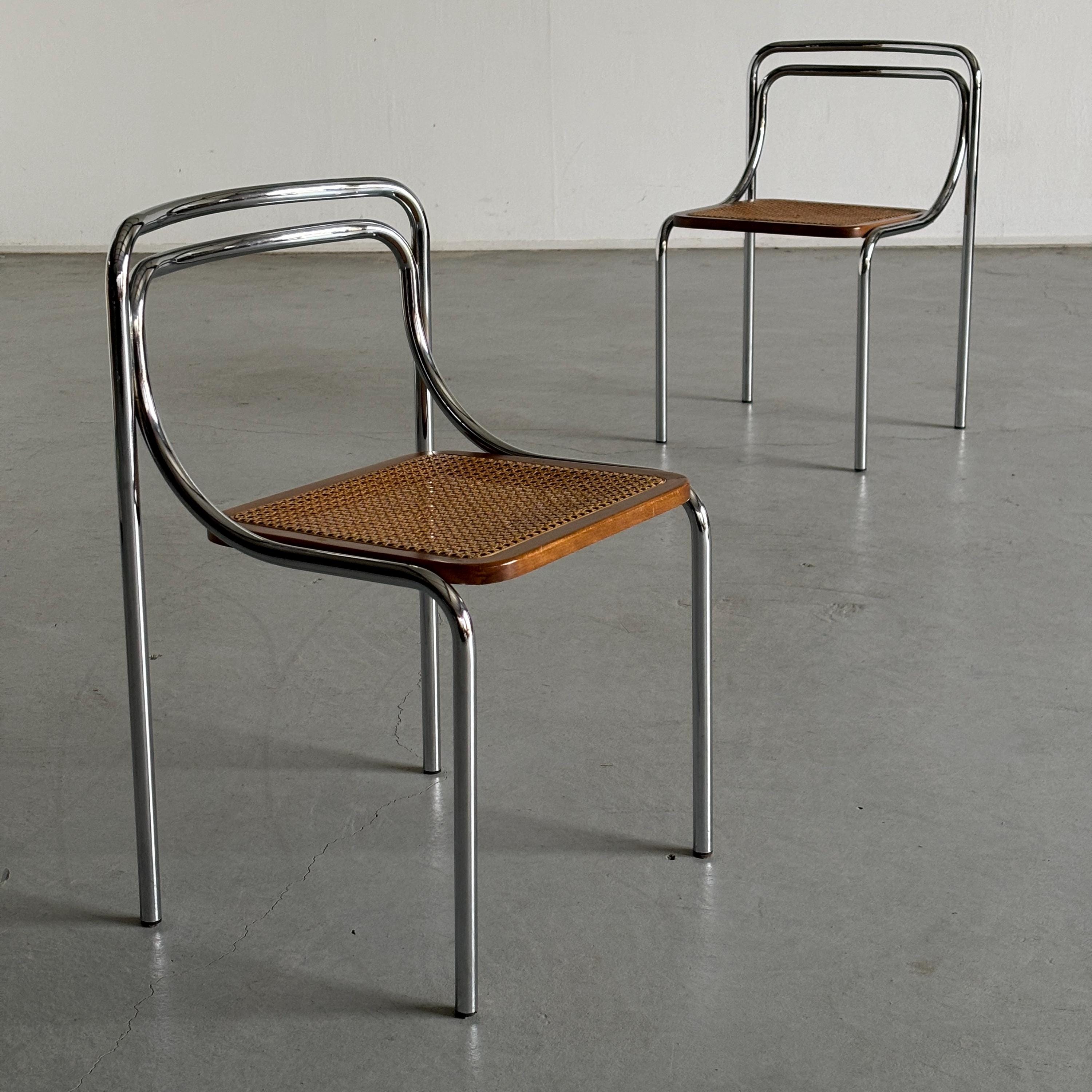 Bauhaus Style Dining Chairs in Cane and Chromed Steel