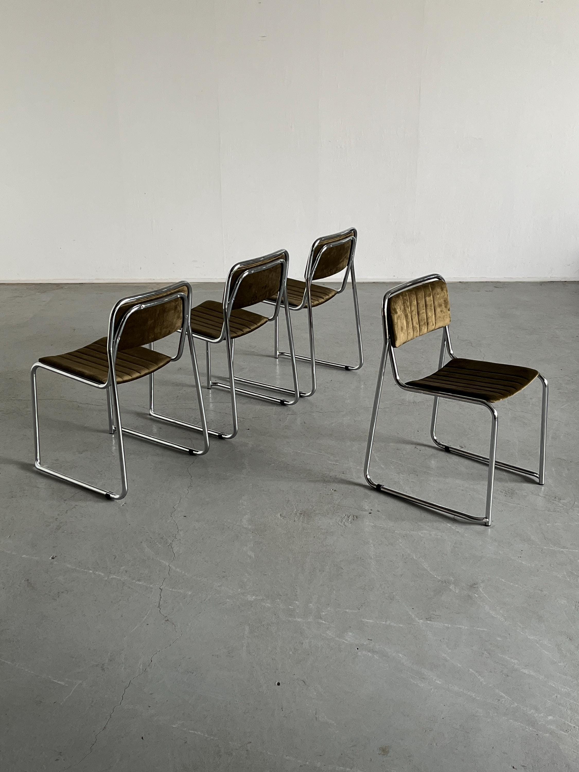 Mid-Century Modern Dining Chairs in Dark Green Velvet Upholstery