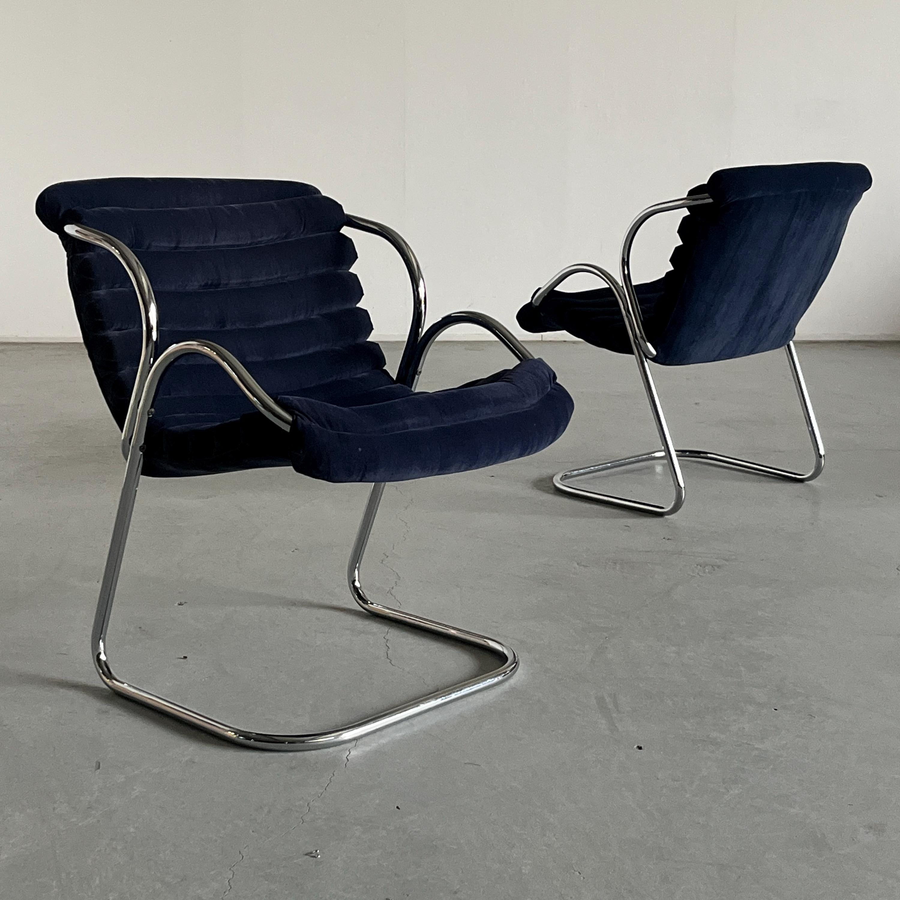 Modernist Armchair in Blue Velvet Upholstery