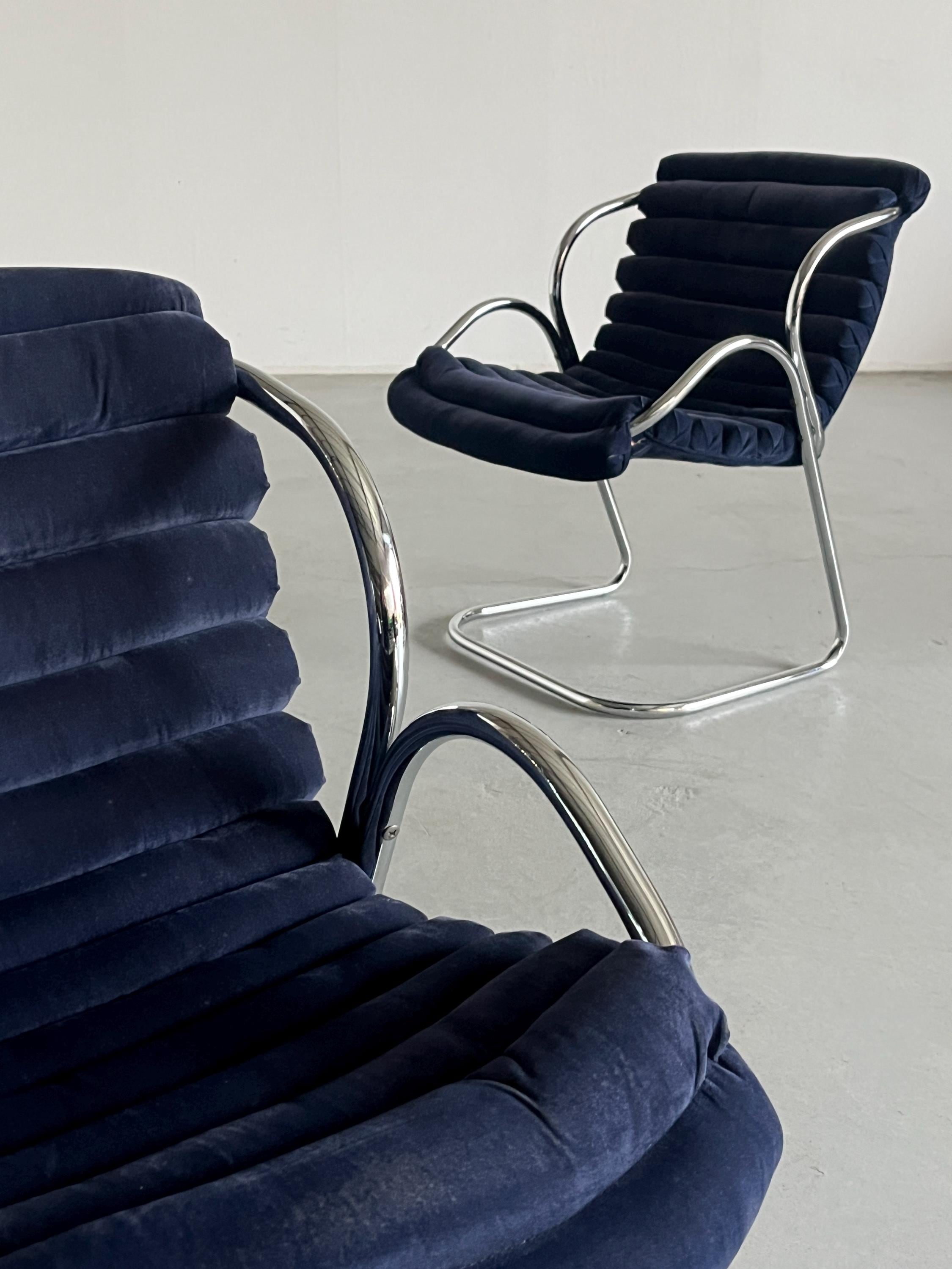 Modernist Armchair in Blue Velvet Upholstery