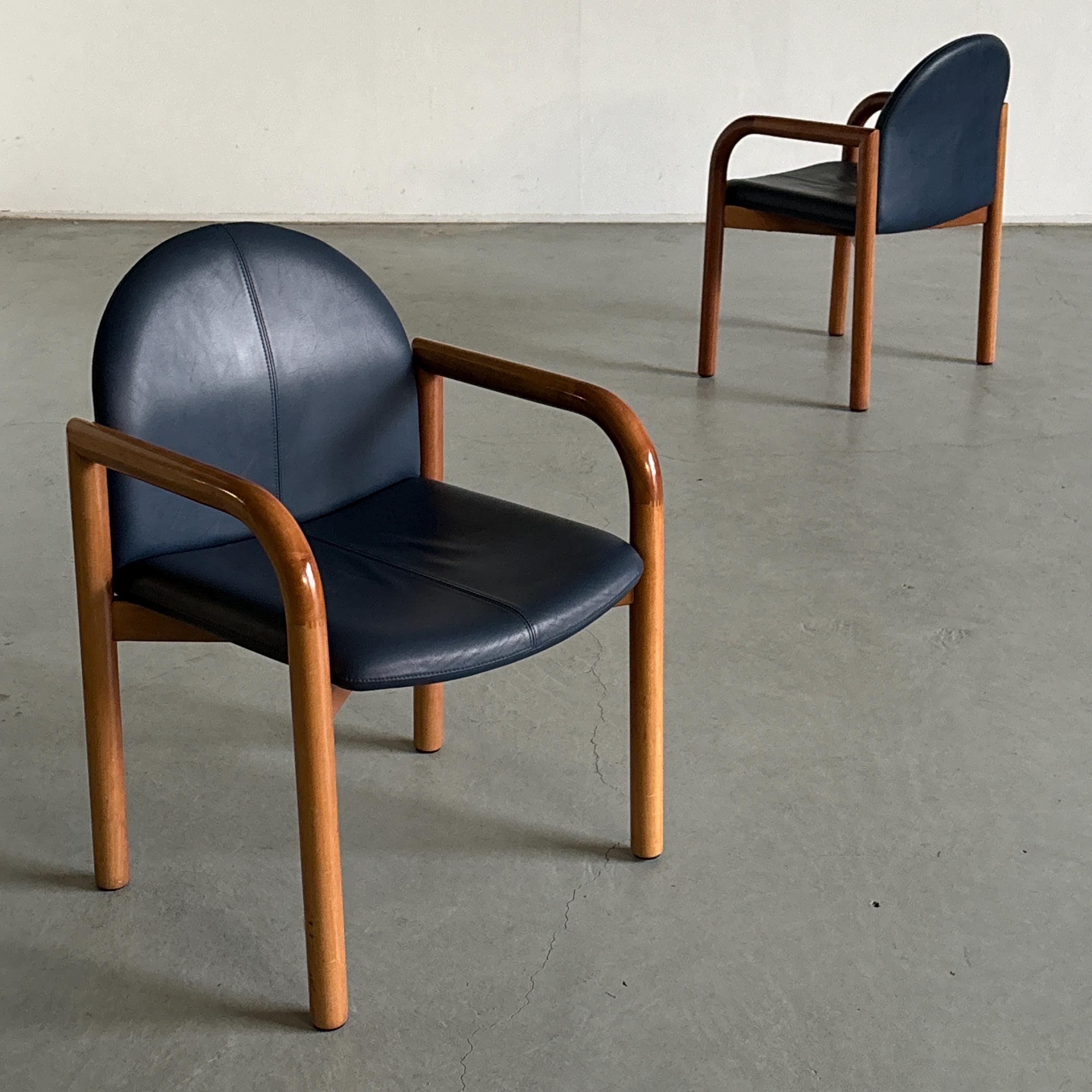 Blue Leather and Lacquered Wood Frames Armchairs