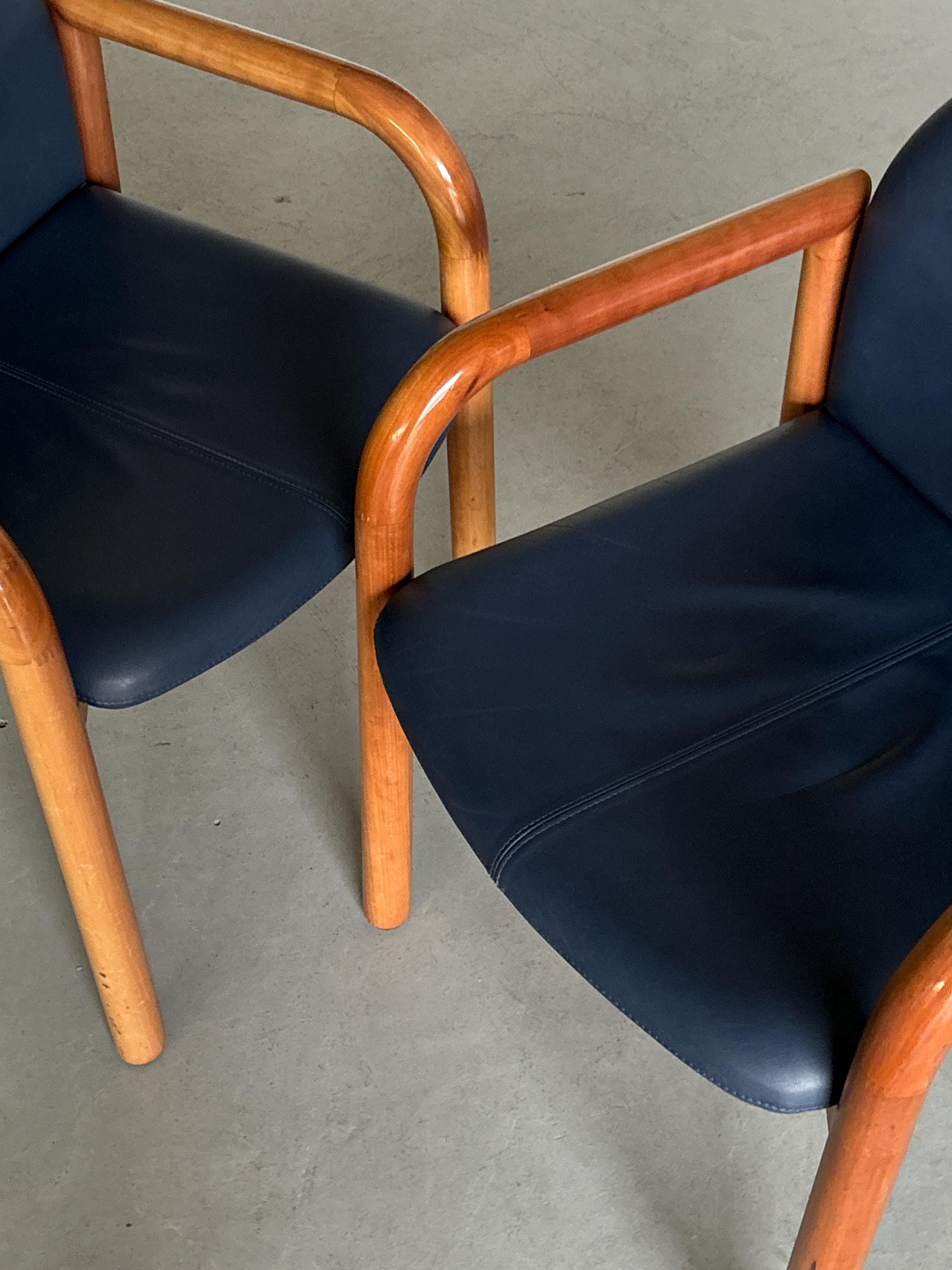 Blue Leather and Lacquered Wood Frames Armchairs