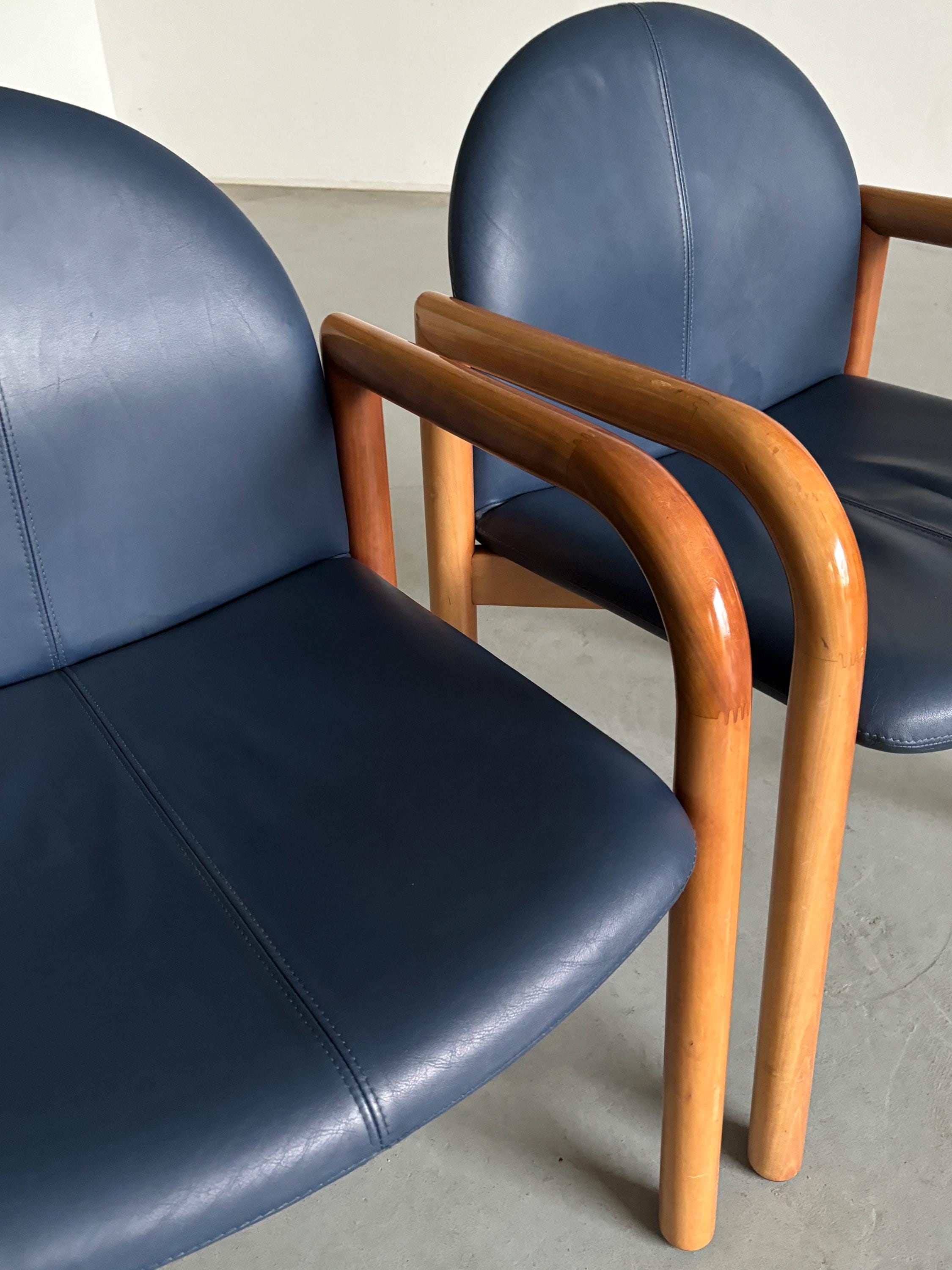 Blue Leather and Lacquered Wood Frames Armchairs