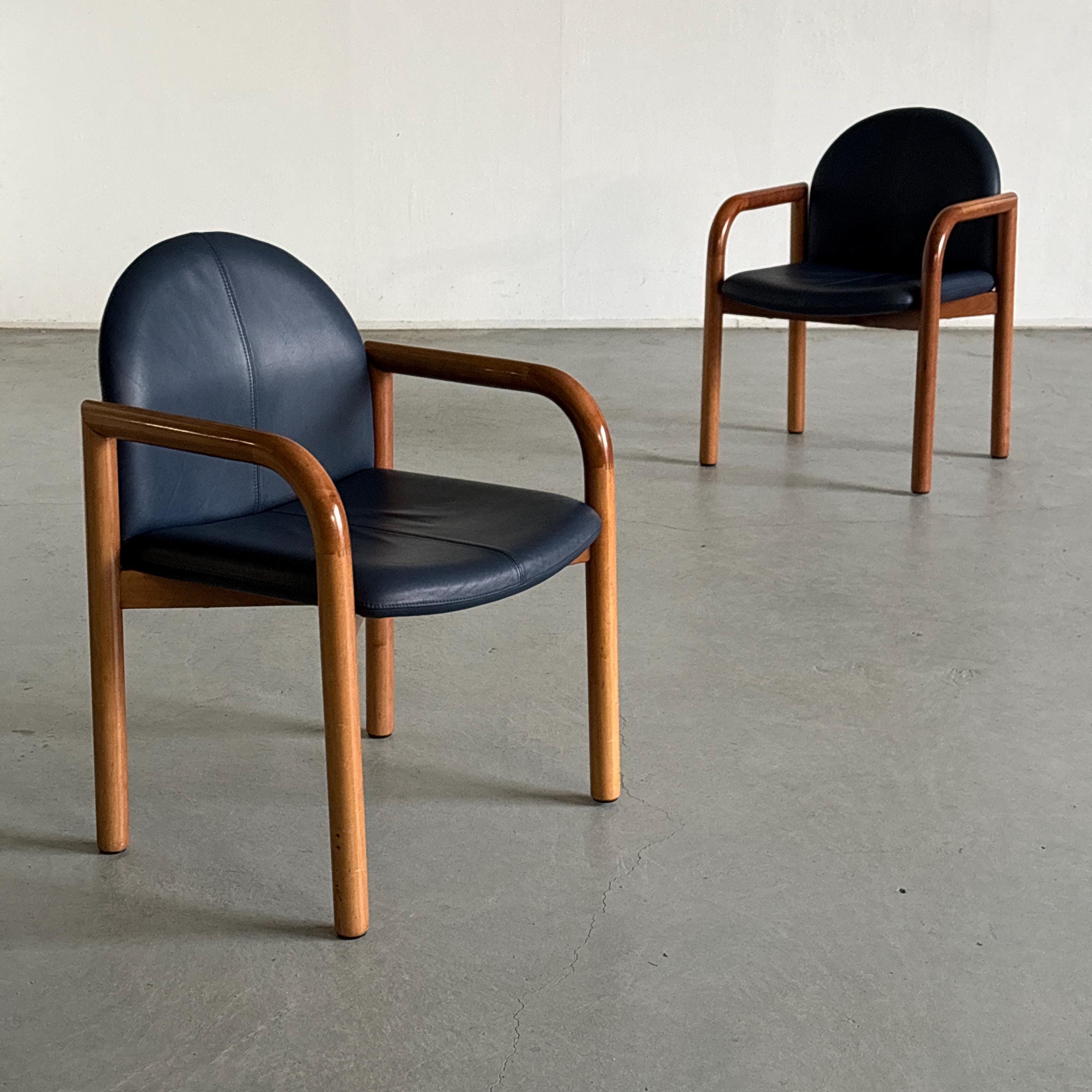 Blue Leather and Lacquered Wood Frames Armchairs