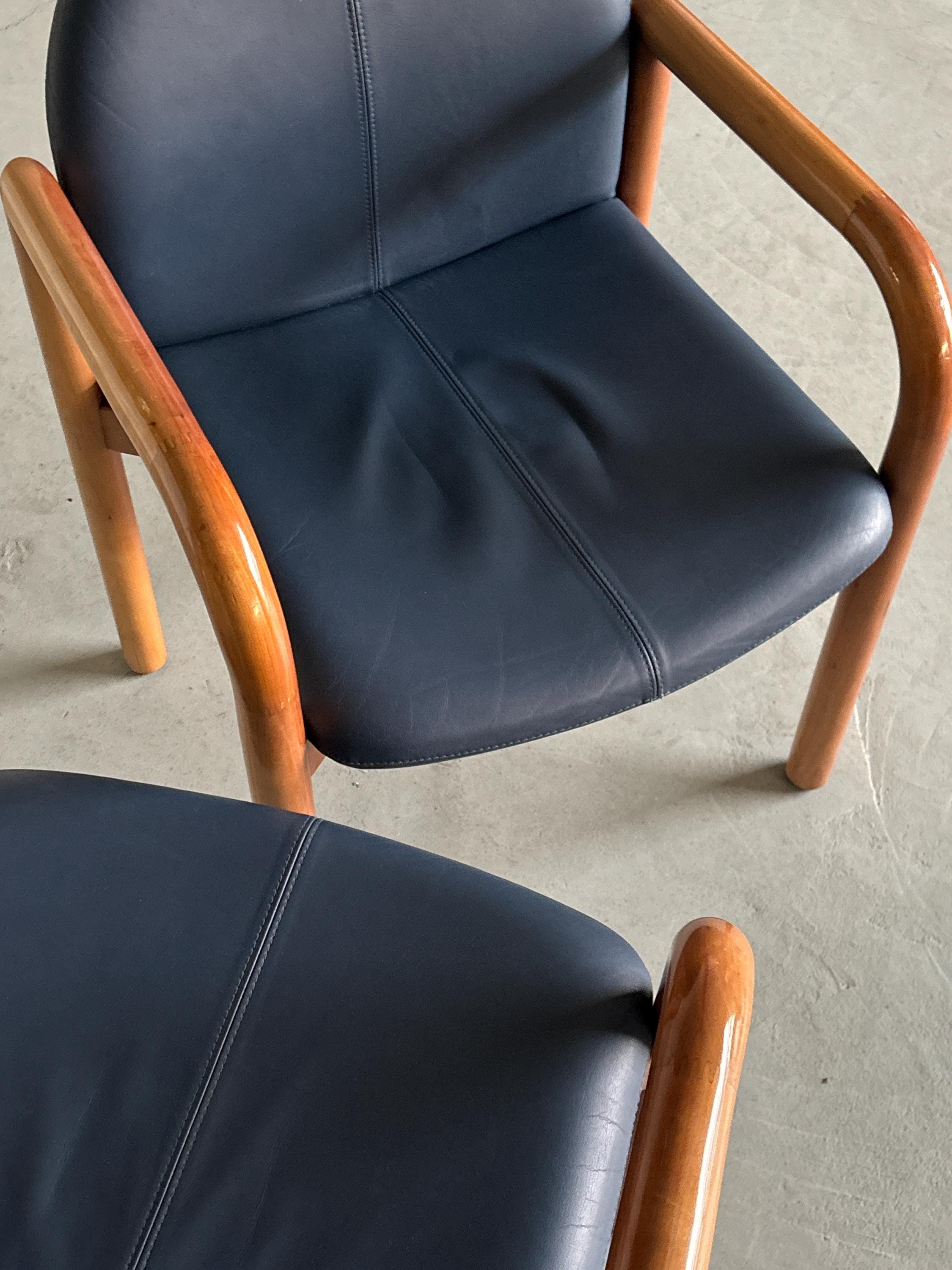 Blue Leather and Lacquered Wood Frames Armchairs