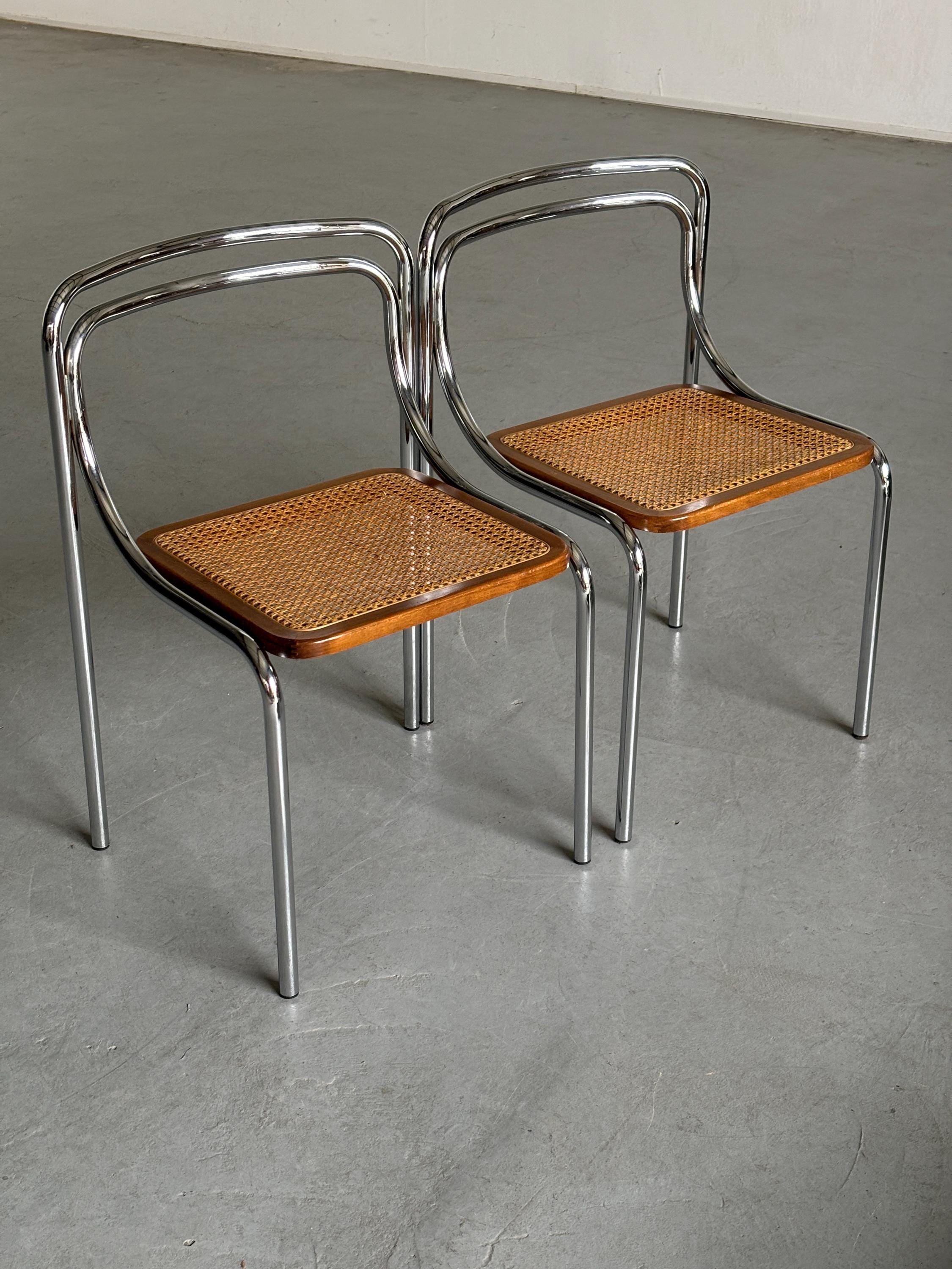 Bauhaus Style Dining Chairs in Cane and Chromed Steel