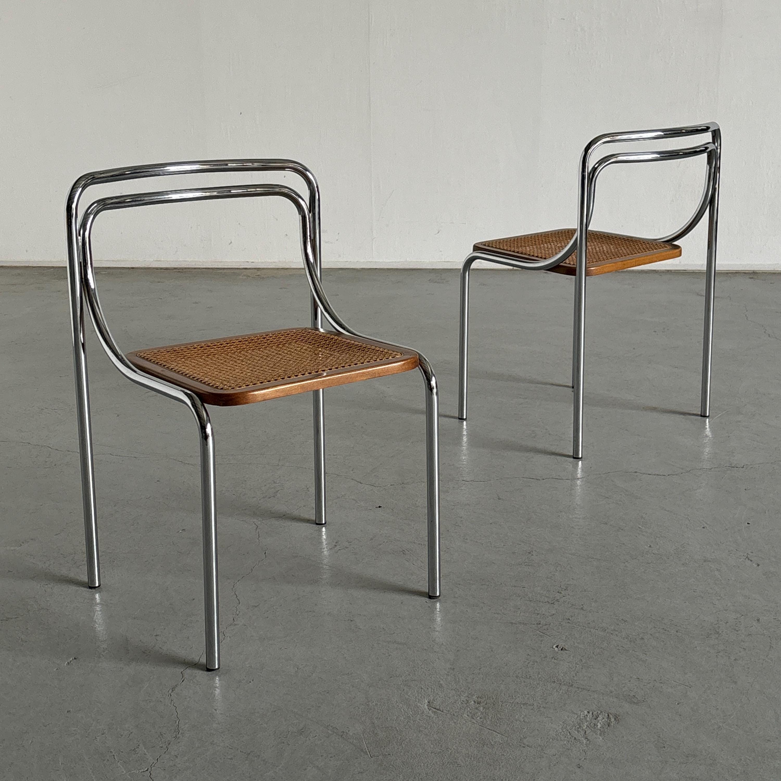 Bauhaus Style Dining Chairs in Cane and Chromed Steel