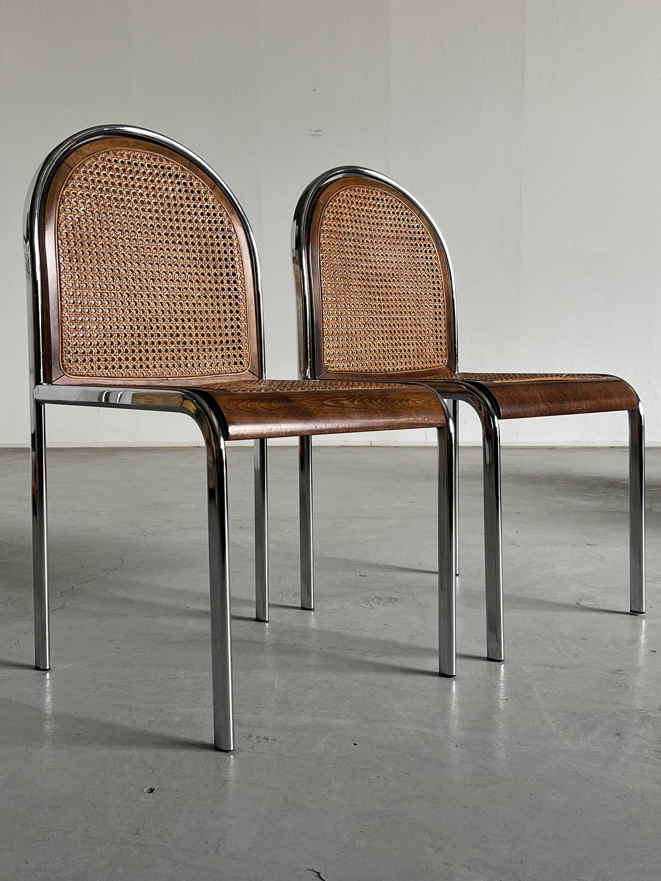 Dining Chairs in Cane, Wood and Chrome