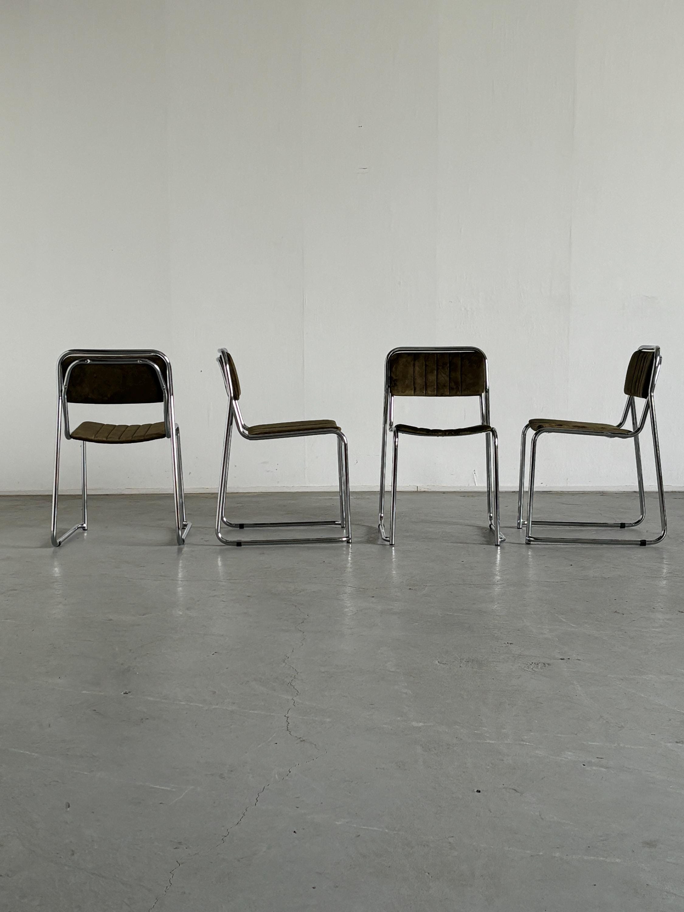 Mid-Century Modern Dining Chairs in Dark Green Velvet Upholstery