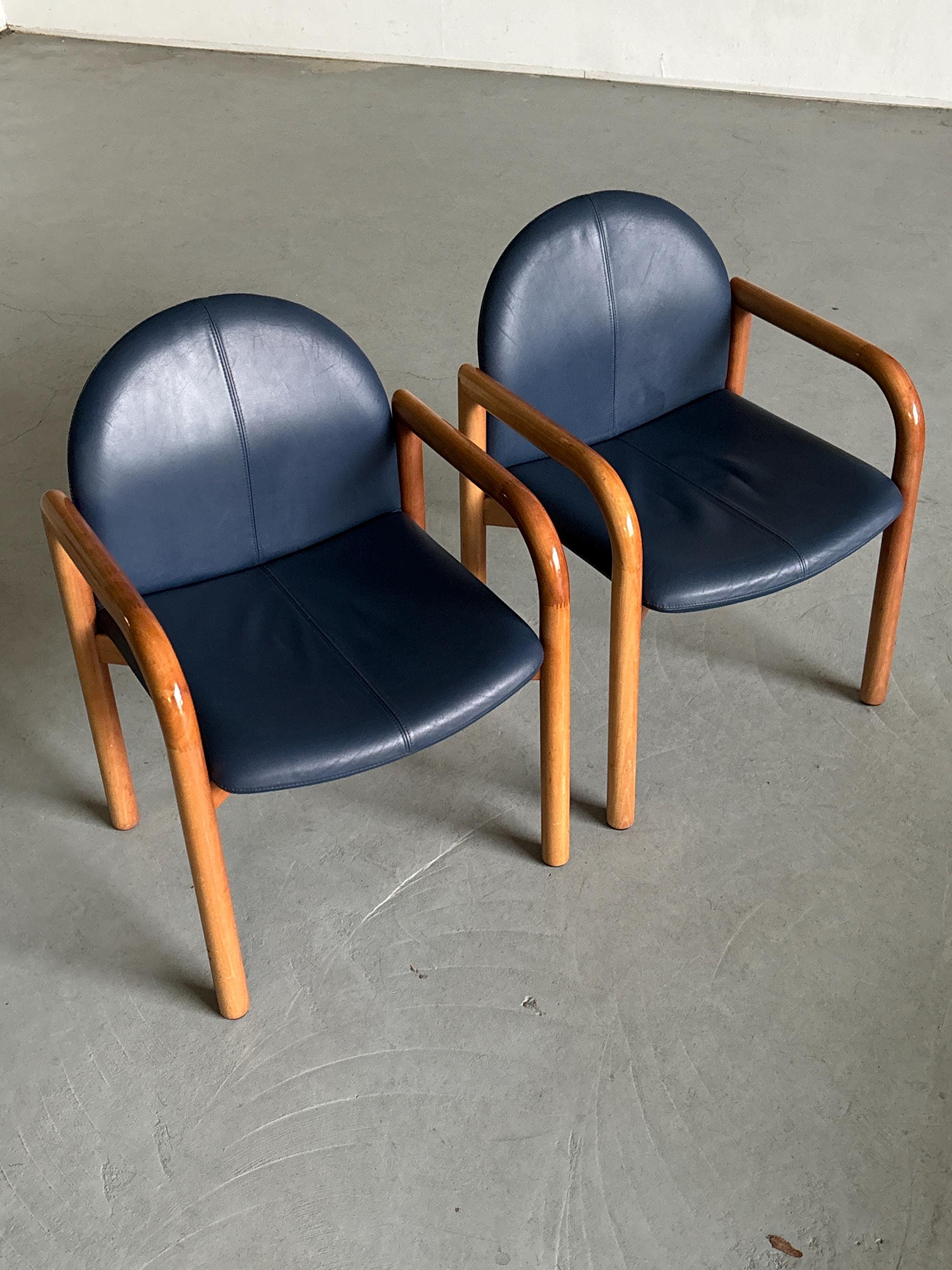 Blue Leather and Lacquered Wood Frames Armchairs