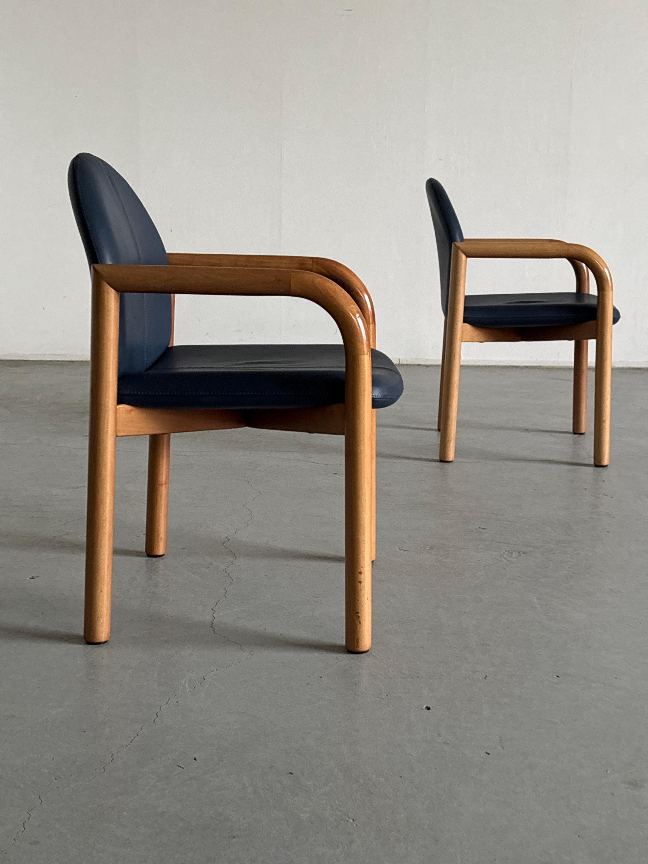 Blue Leather and Lacquered Wood Frames Armchairs