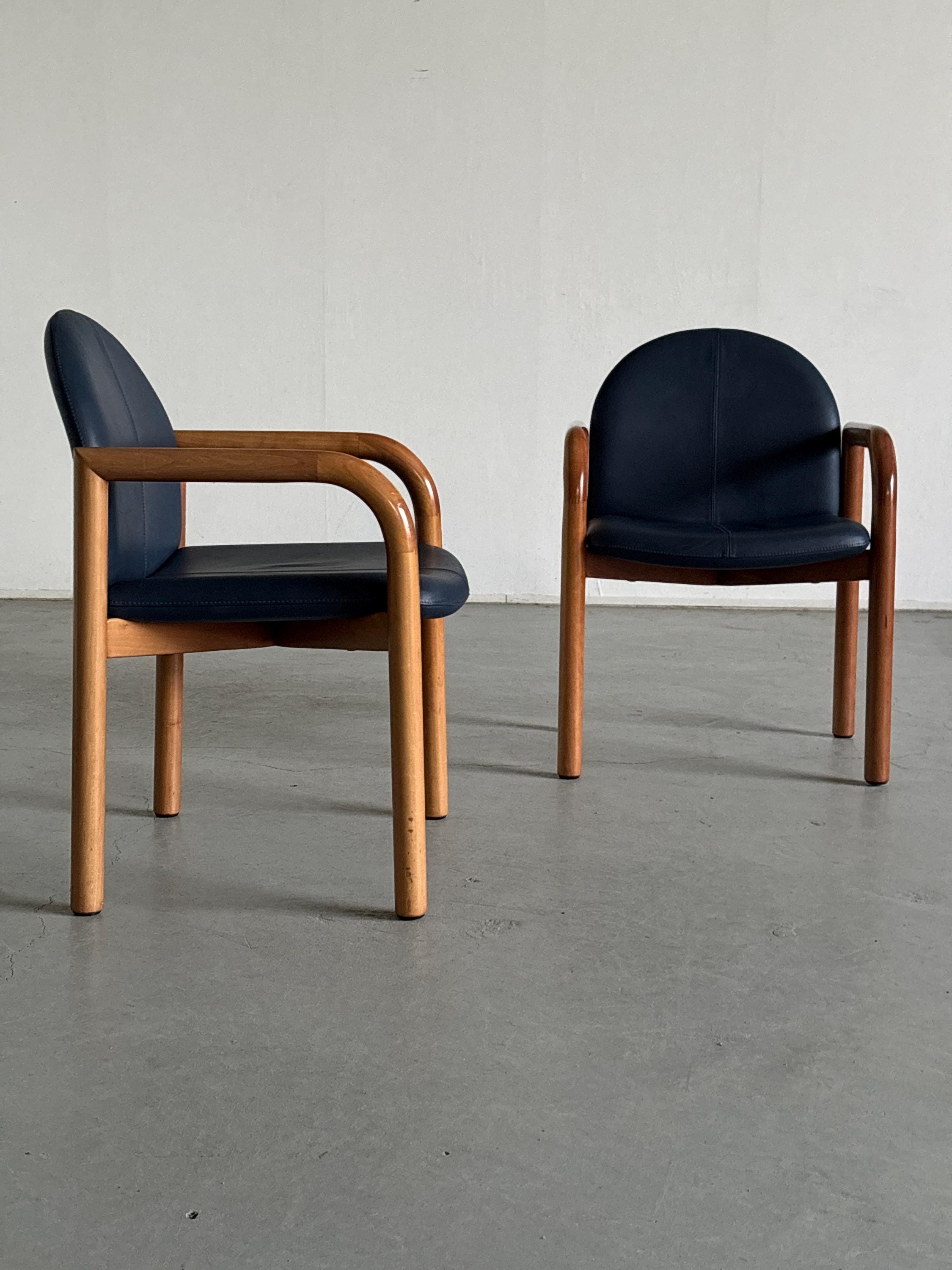 Blue Leather and Lacquered Wood Frames Armchairs