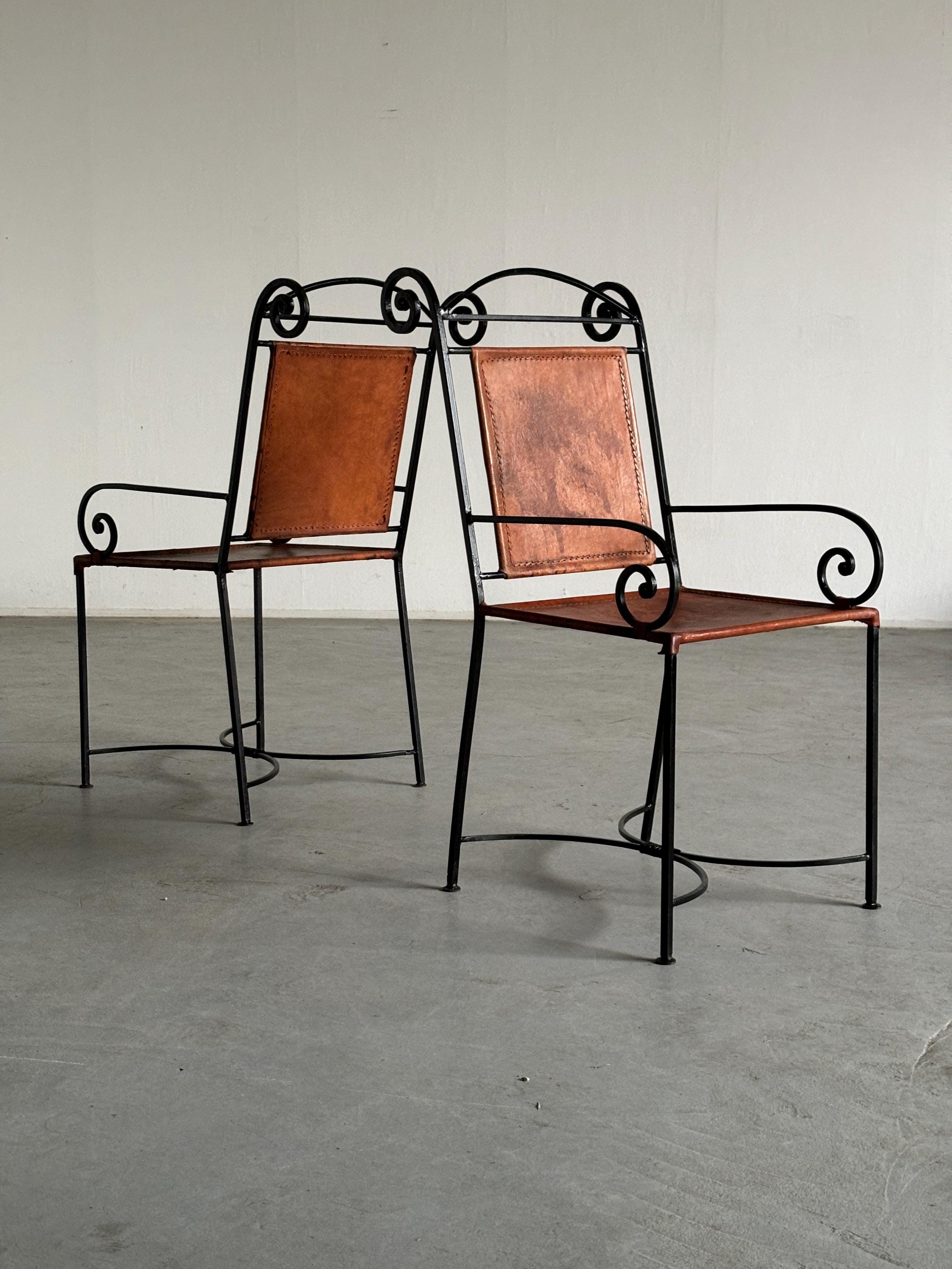 French Artisanal Wrought Iron and Cognac Leather Swirl Armchairs