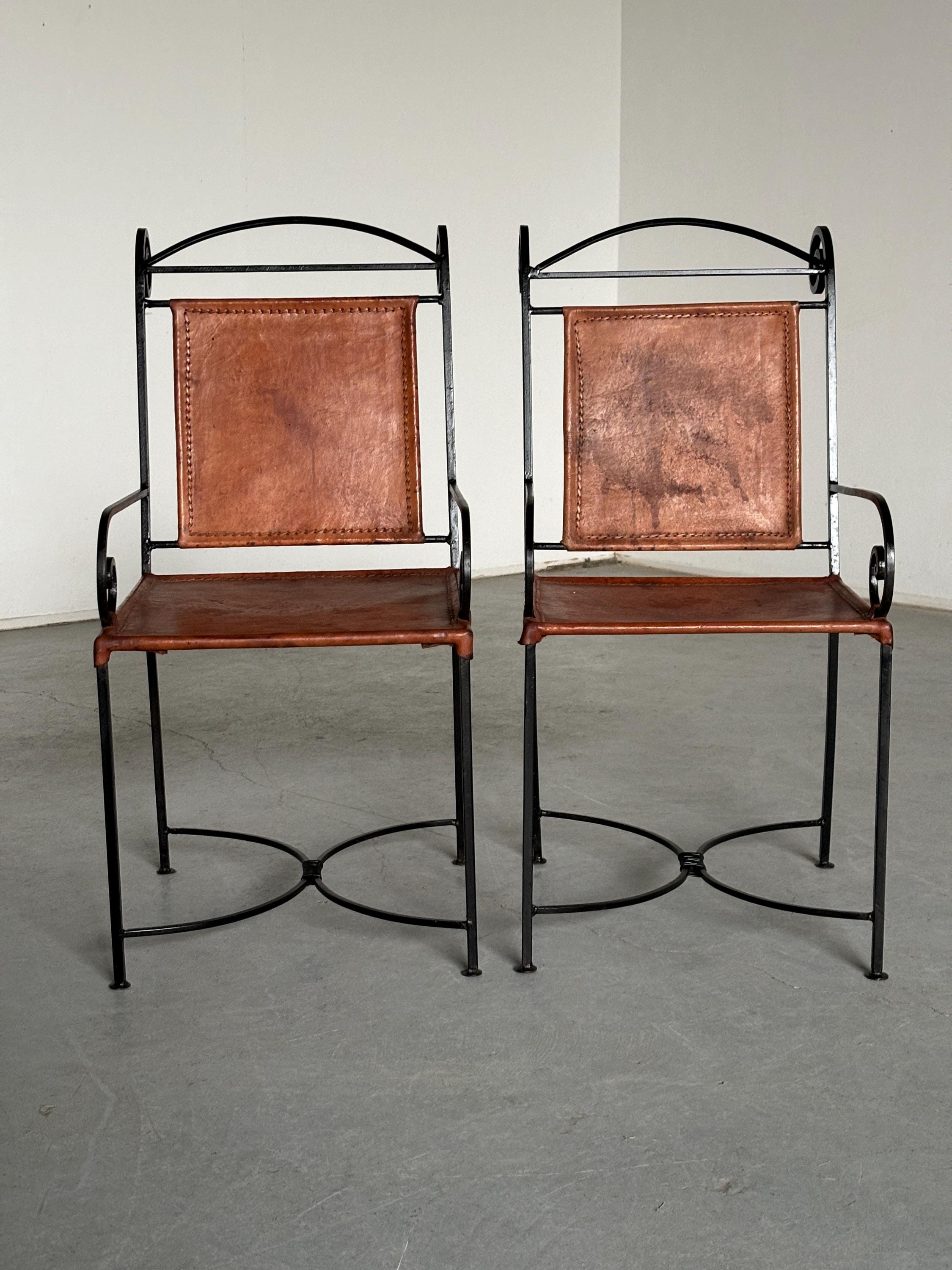 French Artisanal Wrought Iron and Cognac Leather Swirl Armchairs