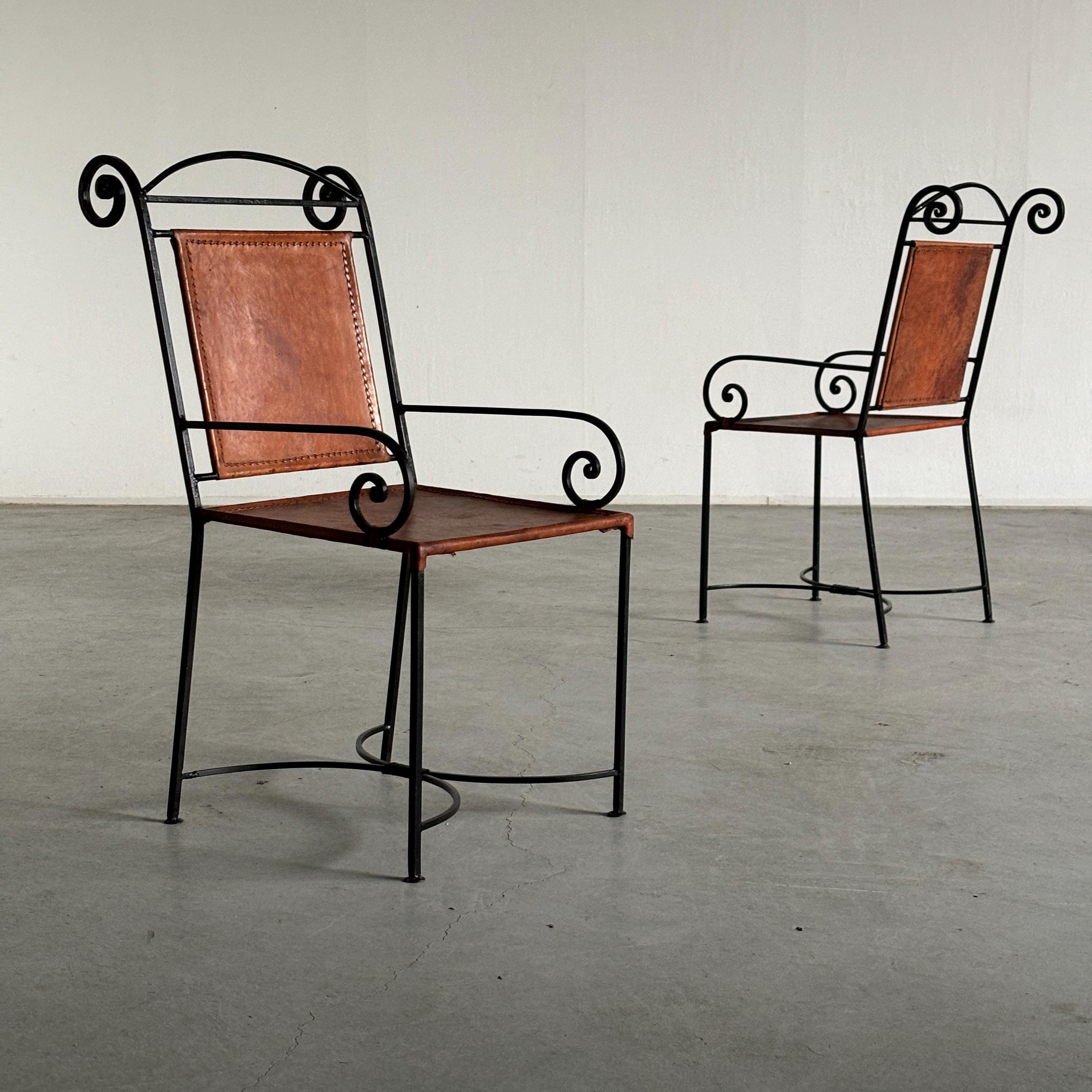 French Artisanal Wrought Iron and Cognac Leather Swirl Armchairs