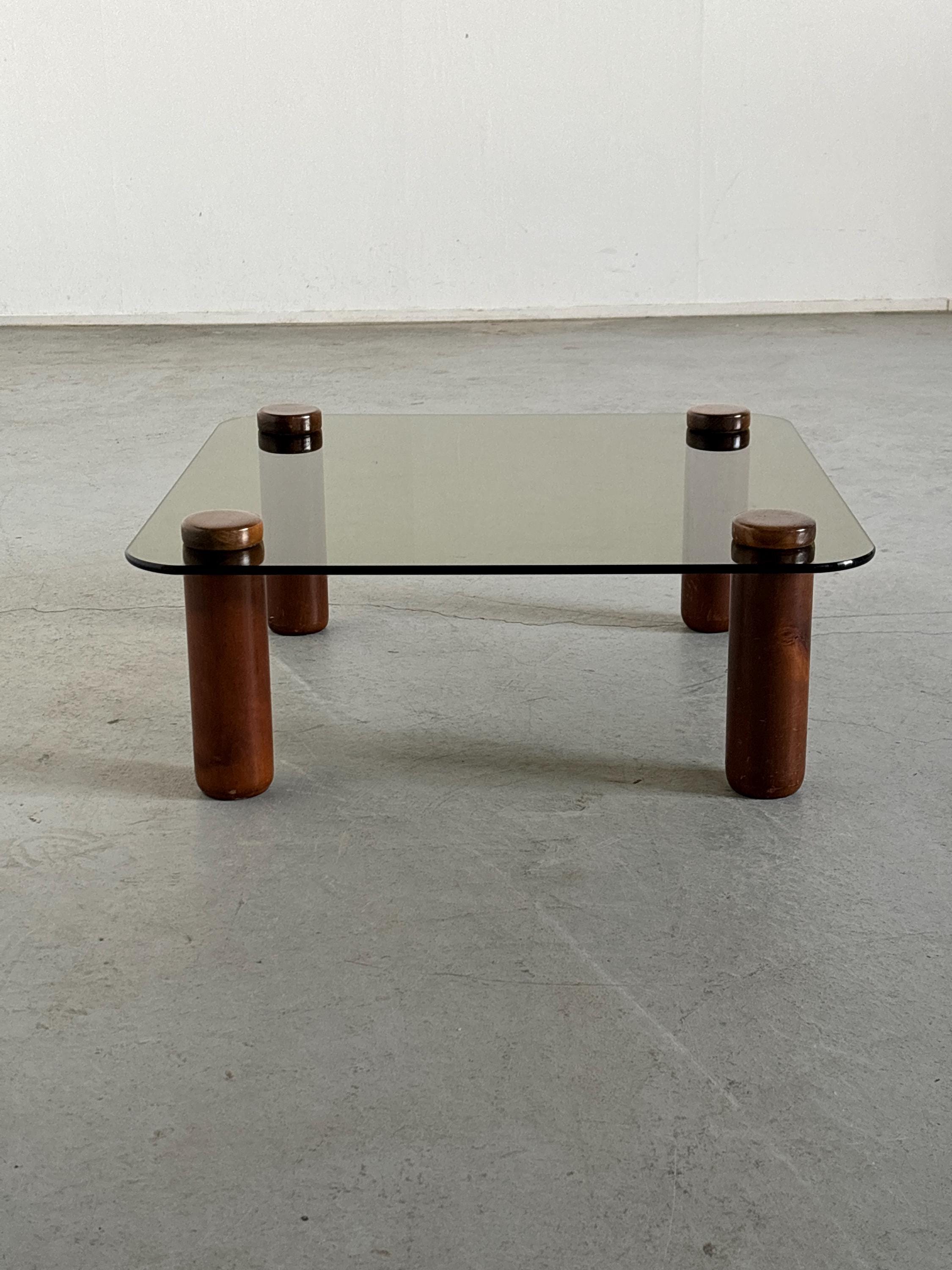 Mid-Century Coffee Table in Wood and Smoked Glass, 1980s