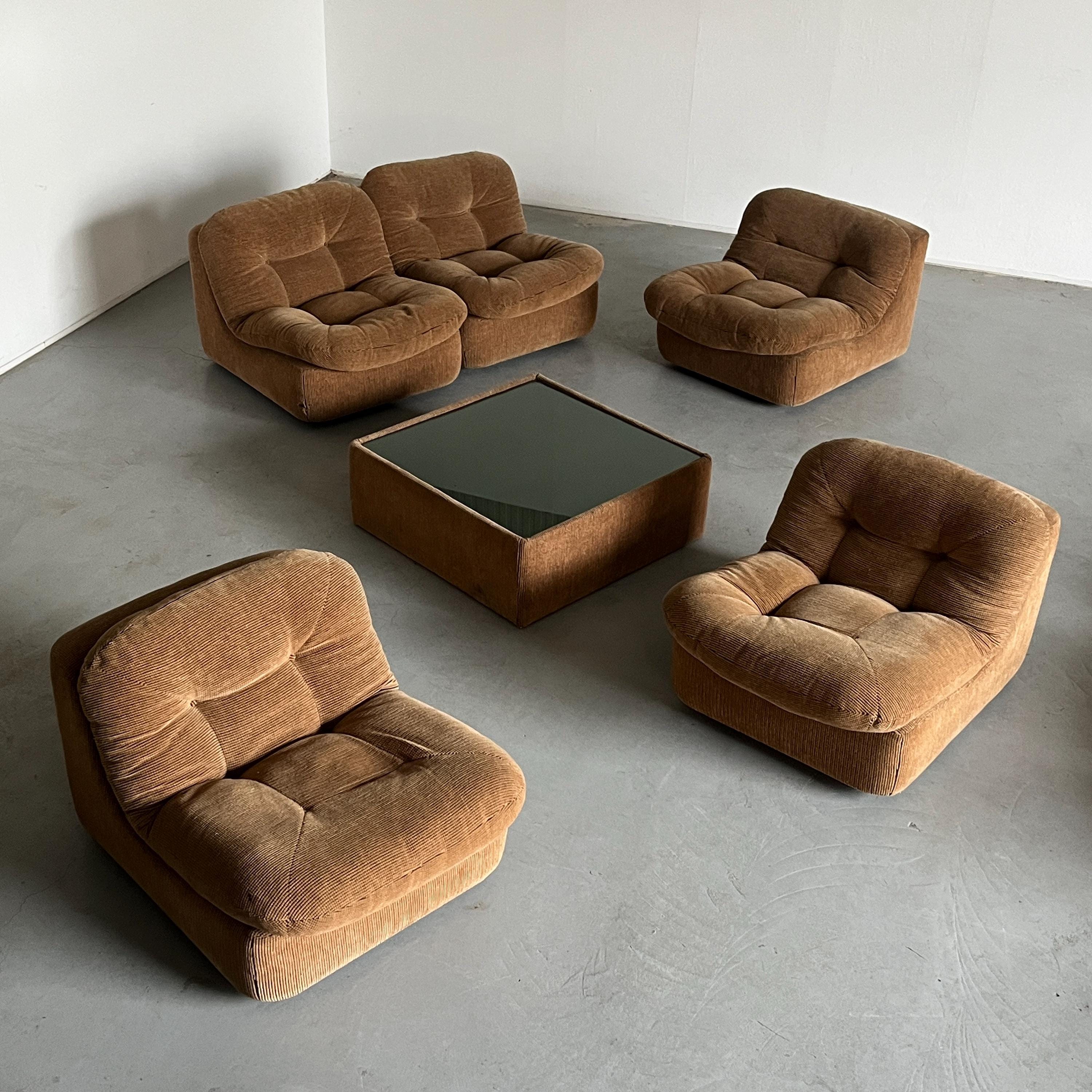 Mid-Century Seating Set in Tufted Beige Corduroy