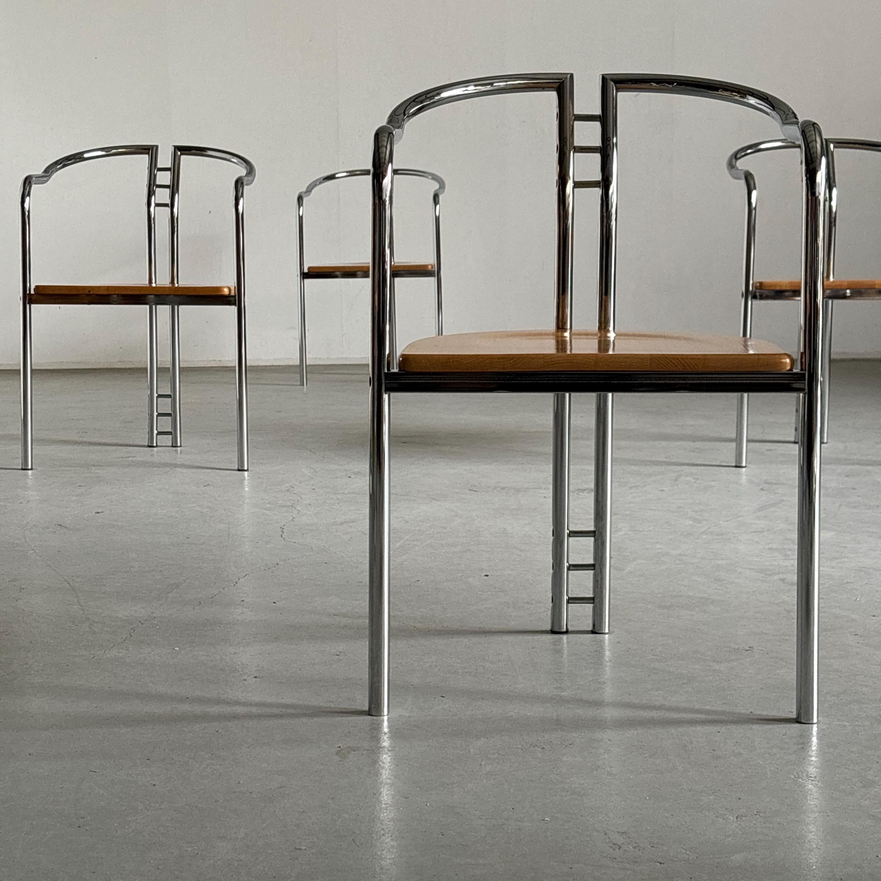 Sculptural Postmodern Armchairs in Beechwood and Tubular Steel