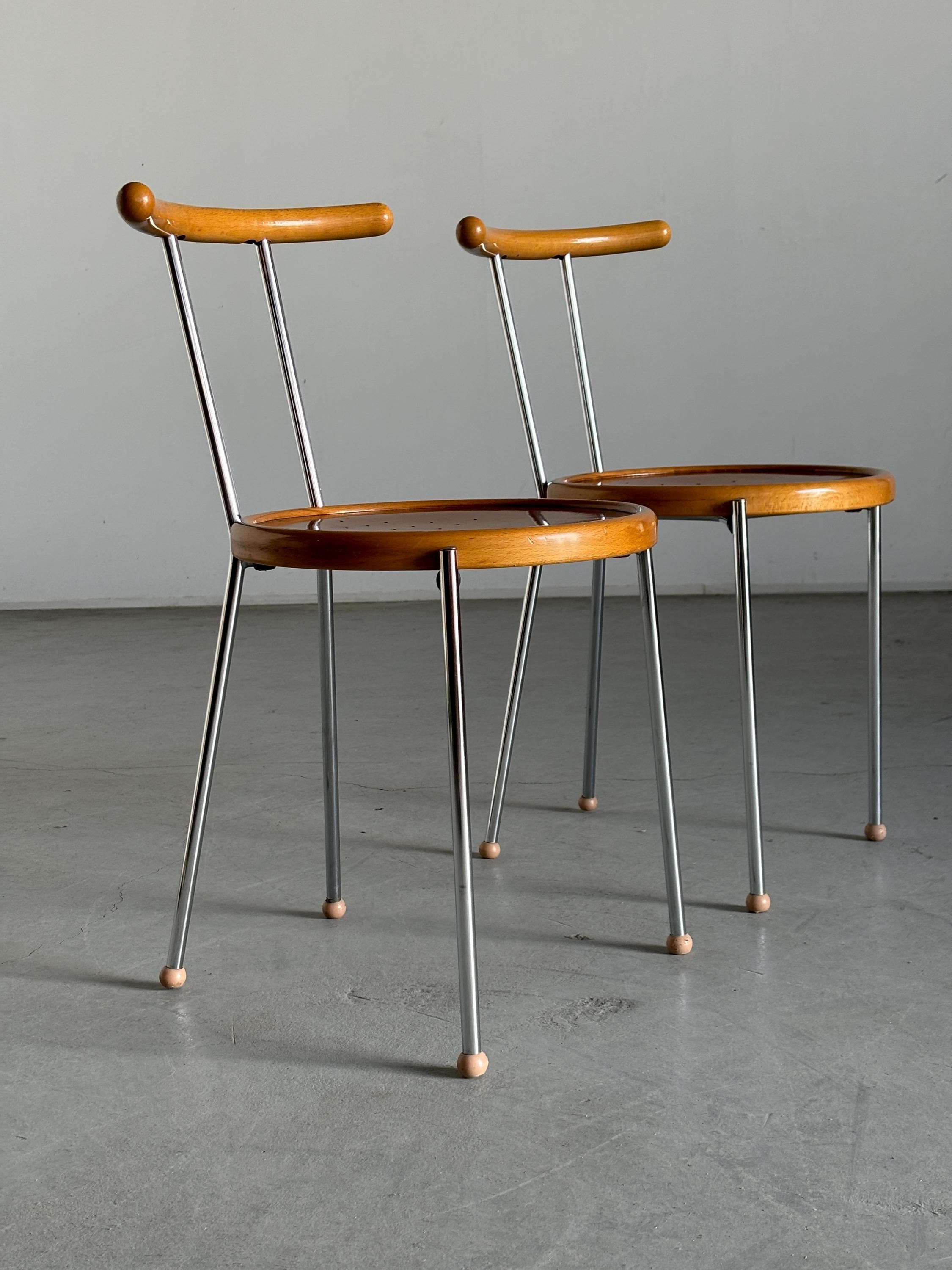 Postmodern Dining Chairs in Chromed Steel and Wood