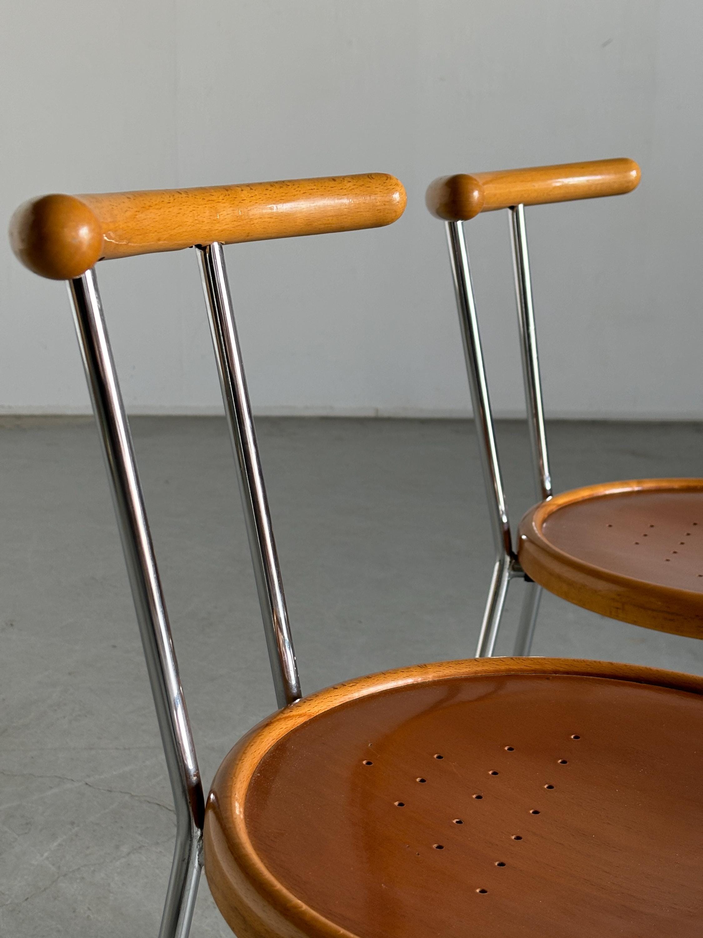 Postmodern Dining Chairs in Chromed Steel and Wood