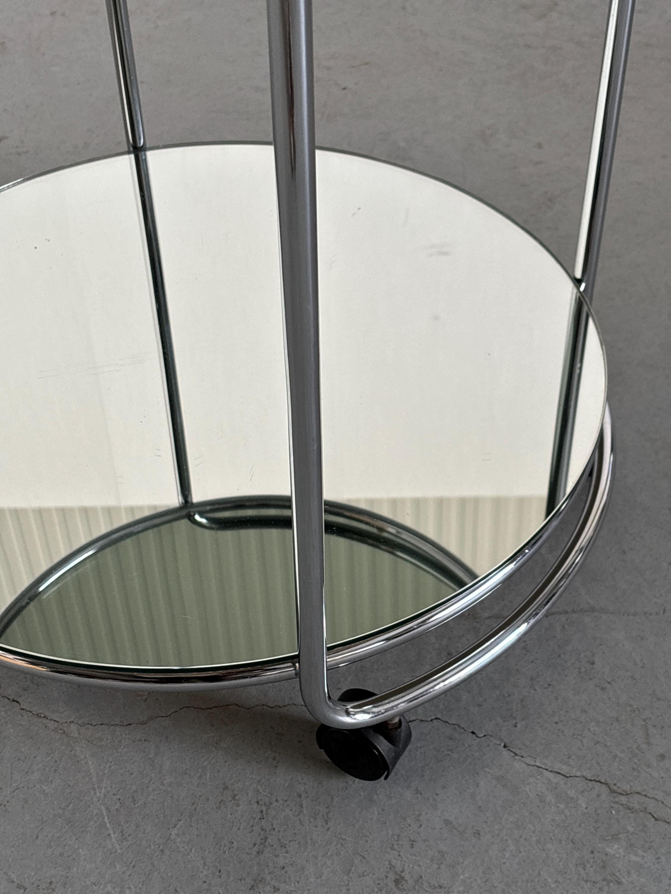Bar Cart or Serving Trolley in Chromed Steel, Glass and Mirror