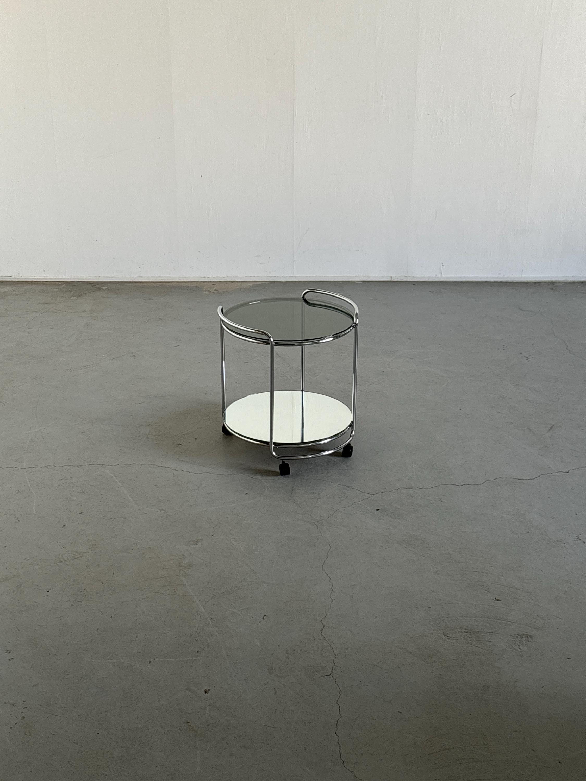 Bar Cart or Serving Trolley in Chromed Steel, Glass and Mirror