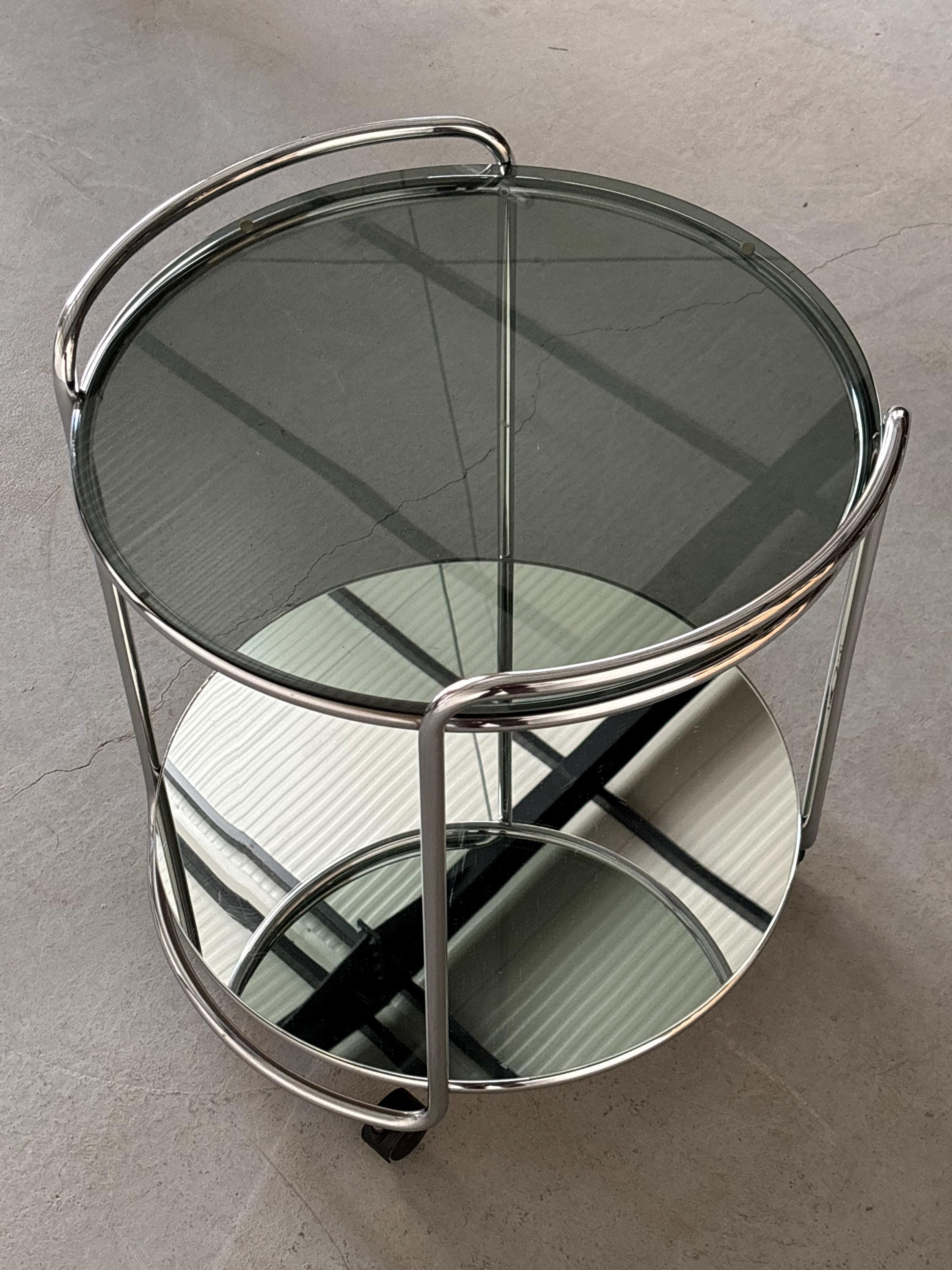 Bar Cart or Serving Trolley in Chromed Steel, Glass and Mirror