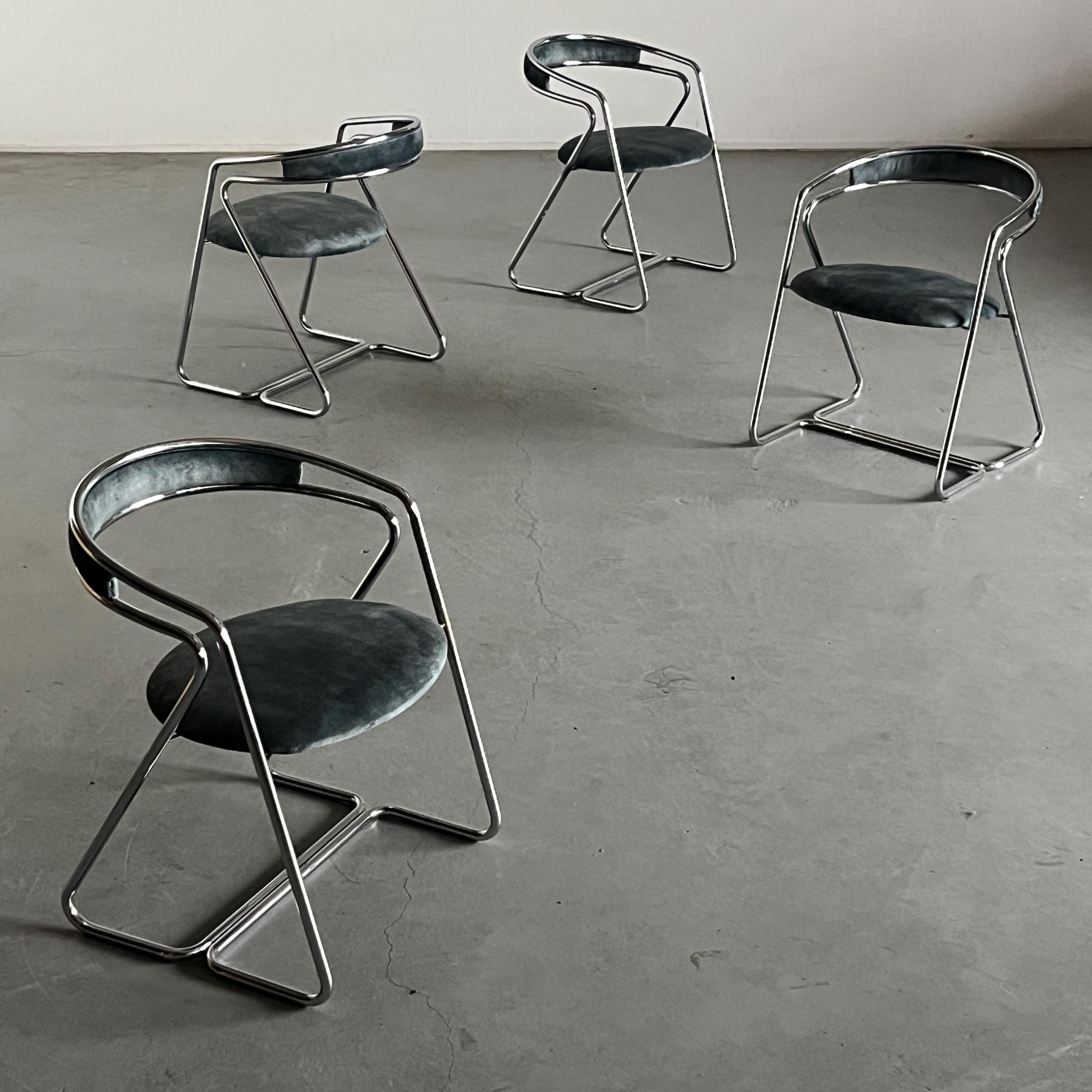 Armchairs in Curved Chromed Tubular Steel and Velvet Upholstery