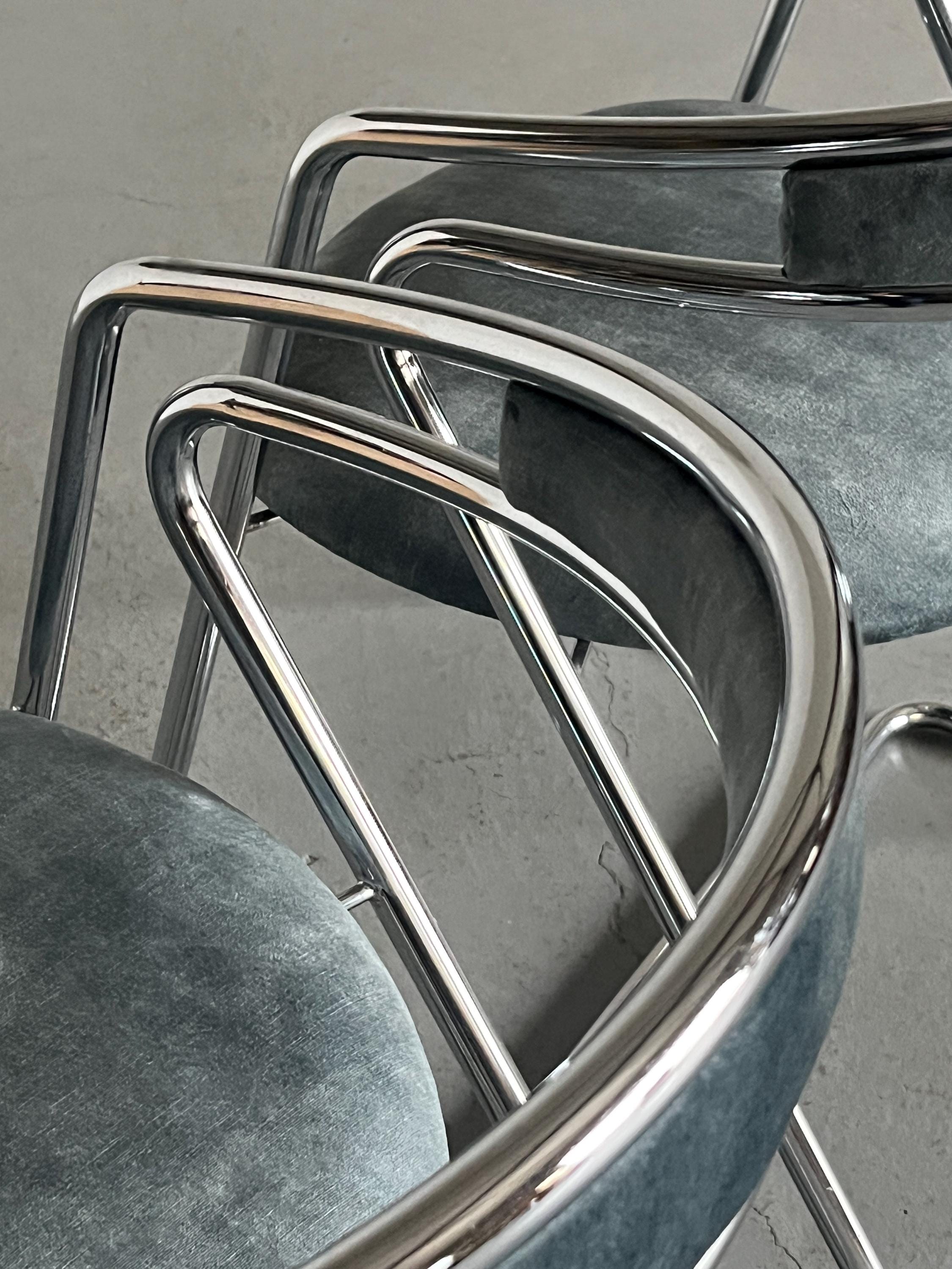 Armchairs in Curved Chromed Tubular Steel and Velvet Upholstery
