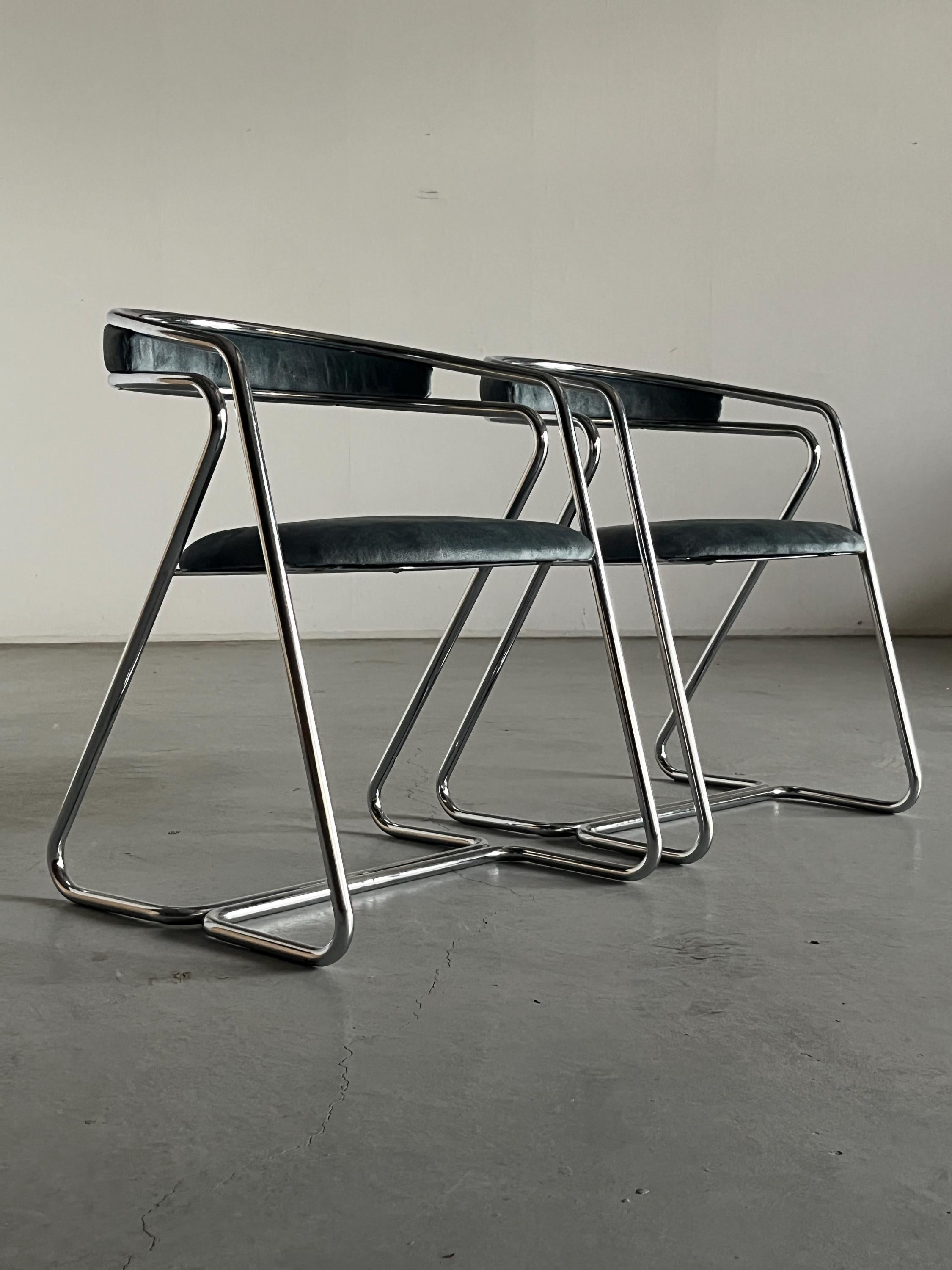 Armchairs in Curved Chromed Tubular Steel and Velvet Upholstery